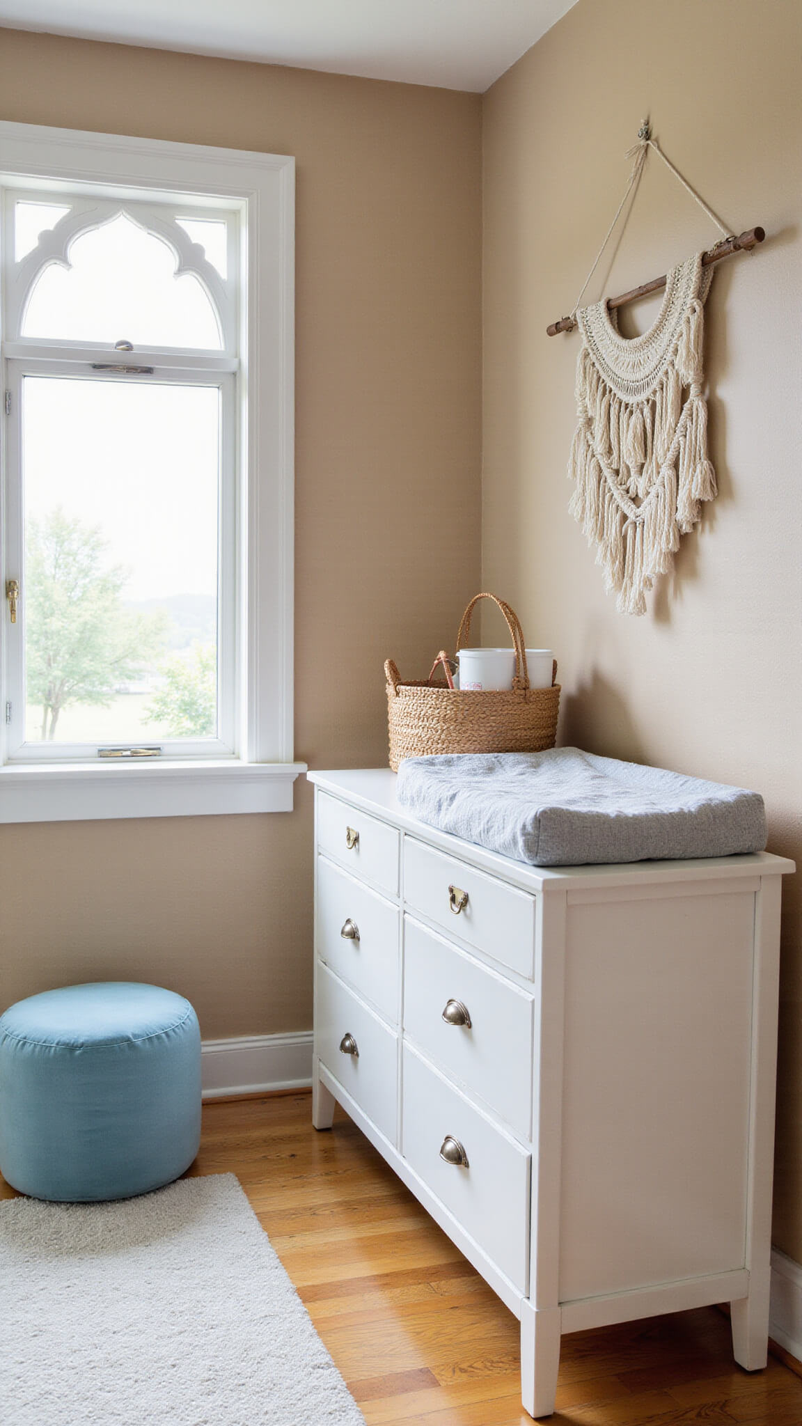 Warm beige nursery with dusty blue accents, Moroccan-style window casting soft light, mid-century modern white dresser topped with woven baskets, powder blue velvet ottoman, macramé wall hanging, and natural wood details throughout.