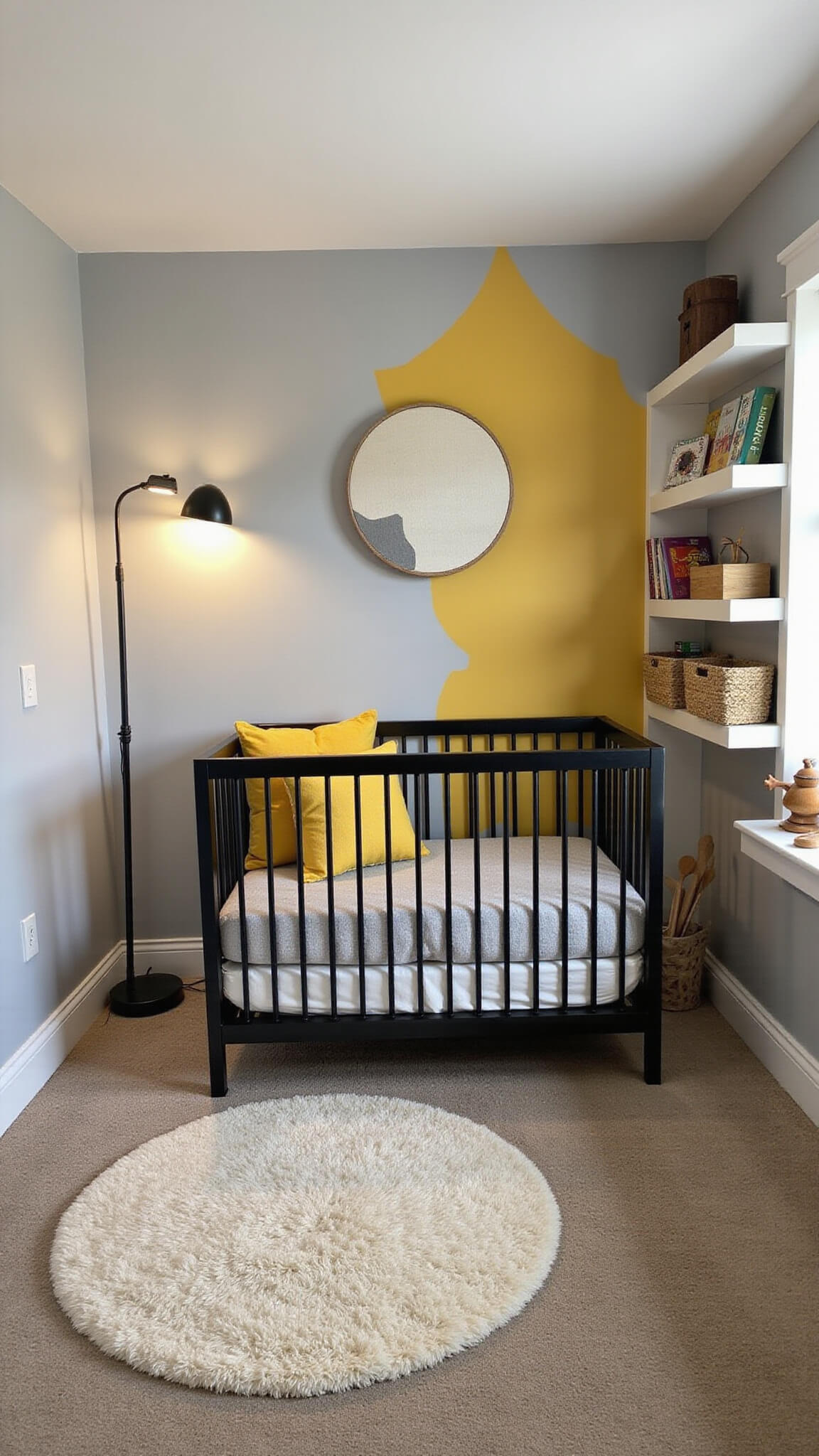 Cozy 11x13ft nursery at dusk with ambient lighting, modern black crib, mustard yellow accent wall, cream shag rug, built-in bookshelf, and textured decor elements.