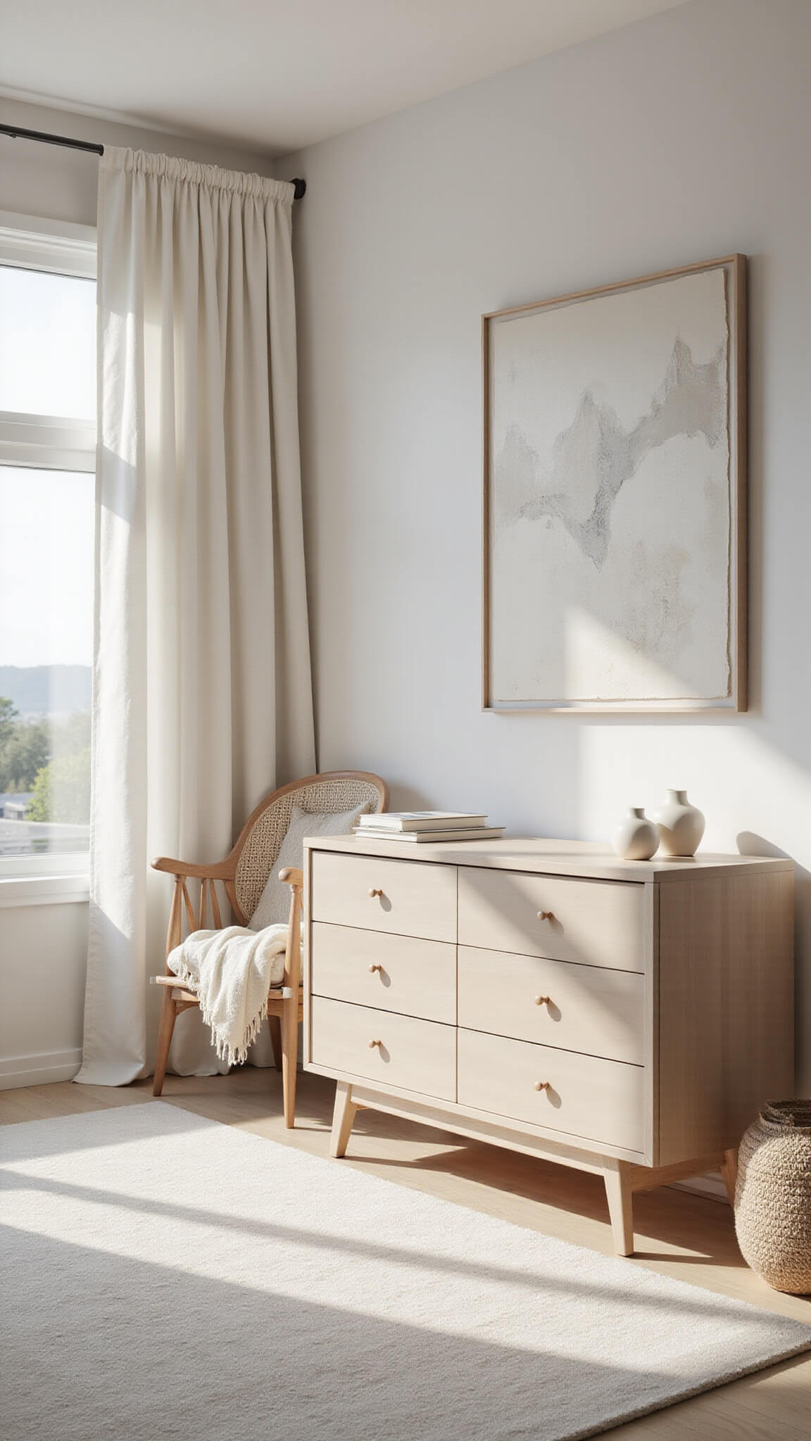 Minimalist all-white nursery with Scandinavian crib, white-washed furniture, ivory textiles, and dramatic morning light casting shadows.