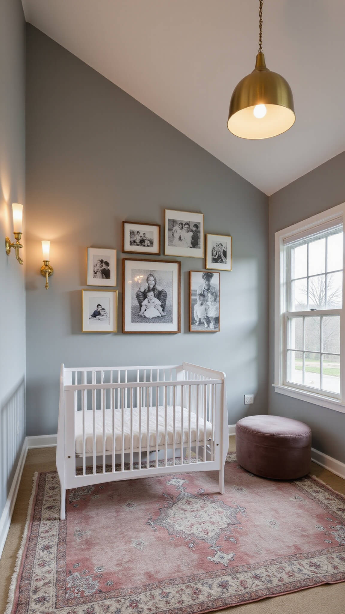 Modern 12x12ft nursery with vaulted ceiling at blue hour, warm gray walls with blush accents, acrylic crib, muted vintage Persian rug, brass pendant light, gold-framed black and white gallery wall, velvet ottoman, and organized storage.