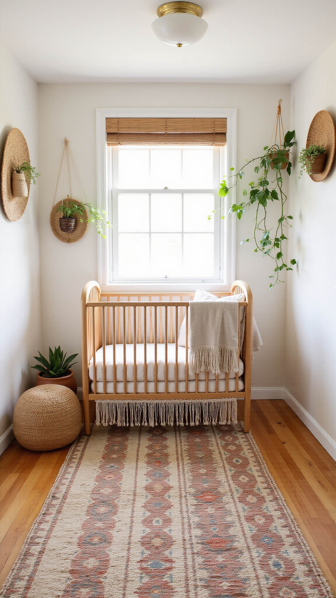 Bohemian-modern nursery with natural wood crib, rattan accents, layered earth-toned rugs, hanging plants, and soft afternoon light through bamboo blinds.