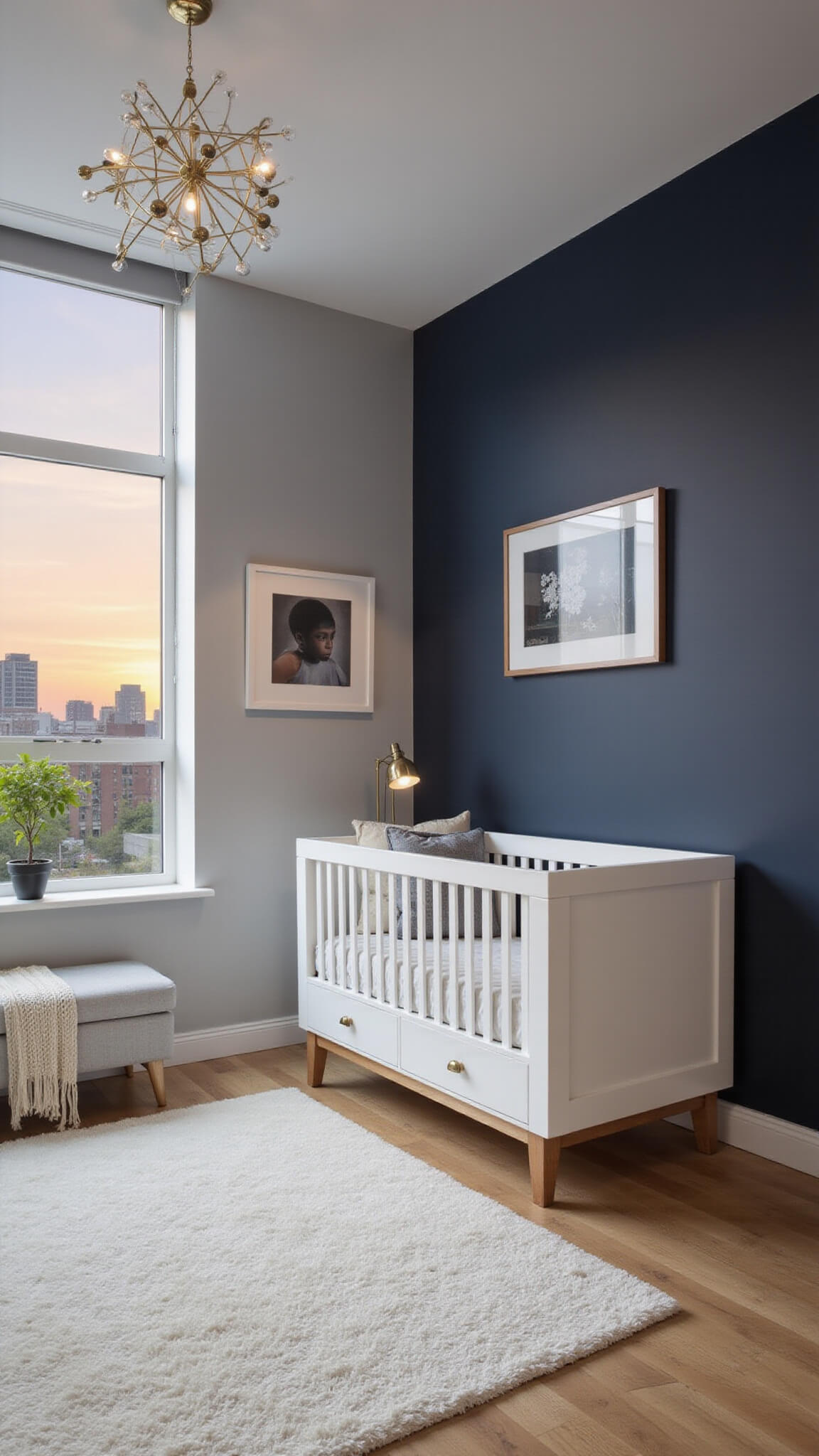 High-angle view of a modern urban nursery at sunset with city skyline through floor-to-ceiling windows, navy accent wall, white lacquer crib, geometric gold mobile, and contemporary decor.
