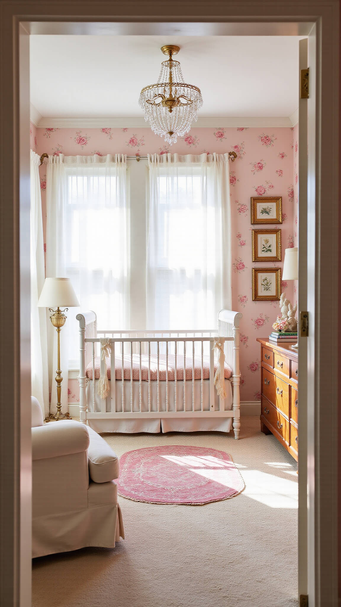 Wide-angle view of a pink nursery with antique white crib, floral wallpaper, crystal chandelier, cream glider, and vintage decor, bathed in soft morning light.