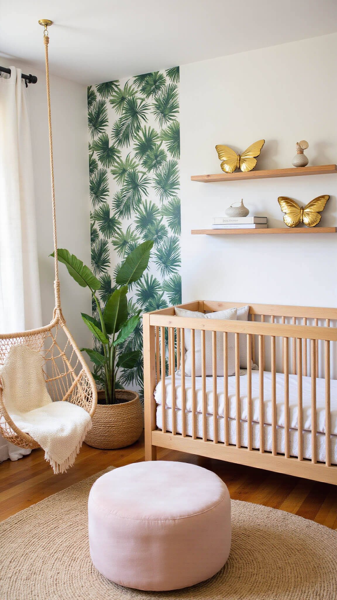 Modern boho nursery with rattan hanging chair, blush pink ottoman on jute rug, palm leaf accent wall, natural wood crib, and floating shelves with brass butterflies.