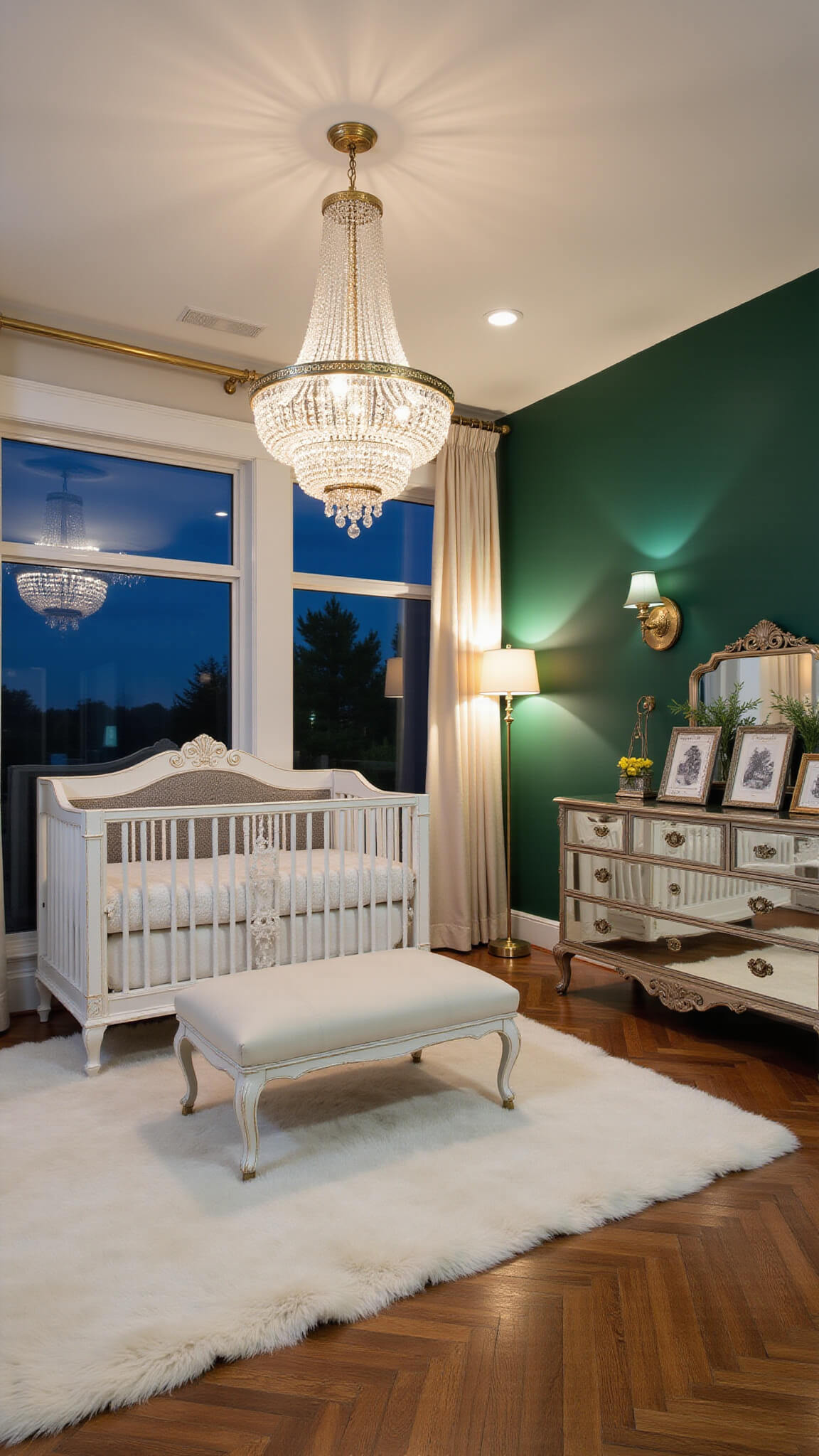 Luxurious emerald green nursery with gold-detailed crib, crystal chandelier, silk drapes, and herringbone wood floors, photographed at dusk with dramatic lighting.