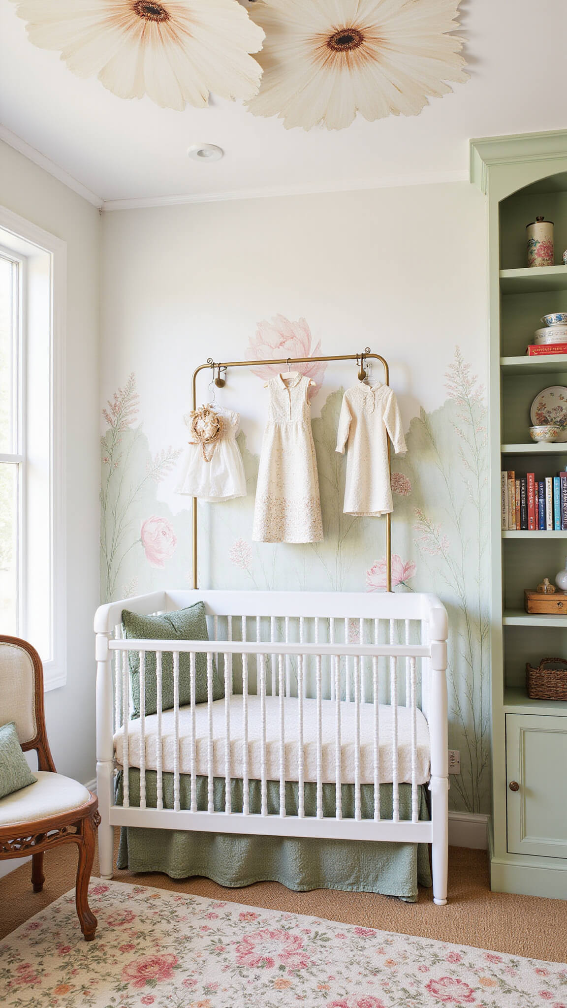 Whimsical wildflower-themed nursery with botanical wallpaper, white crib under large paper flowers, vintage brass clothing rack, sage green reading nook, layered floral rugs, and built-in bookshelf.