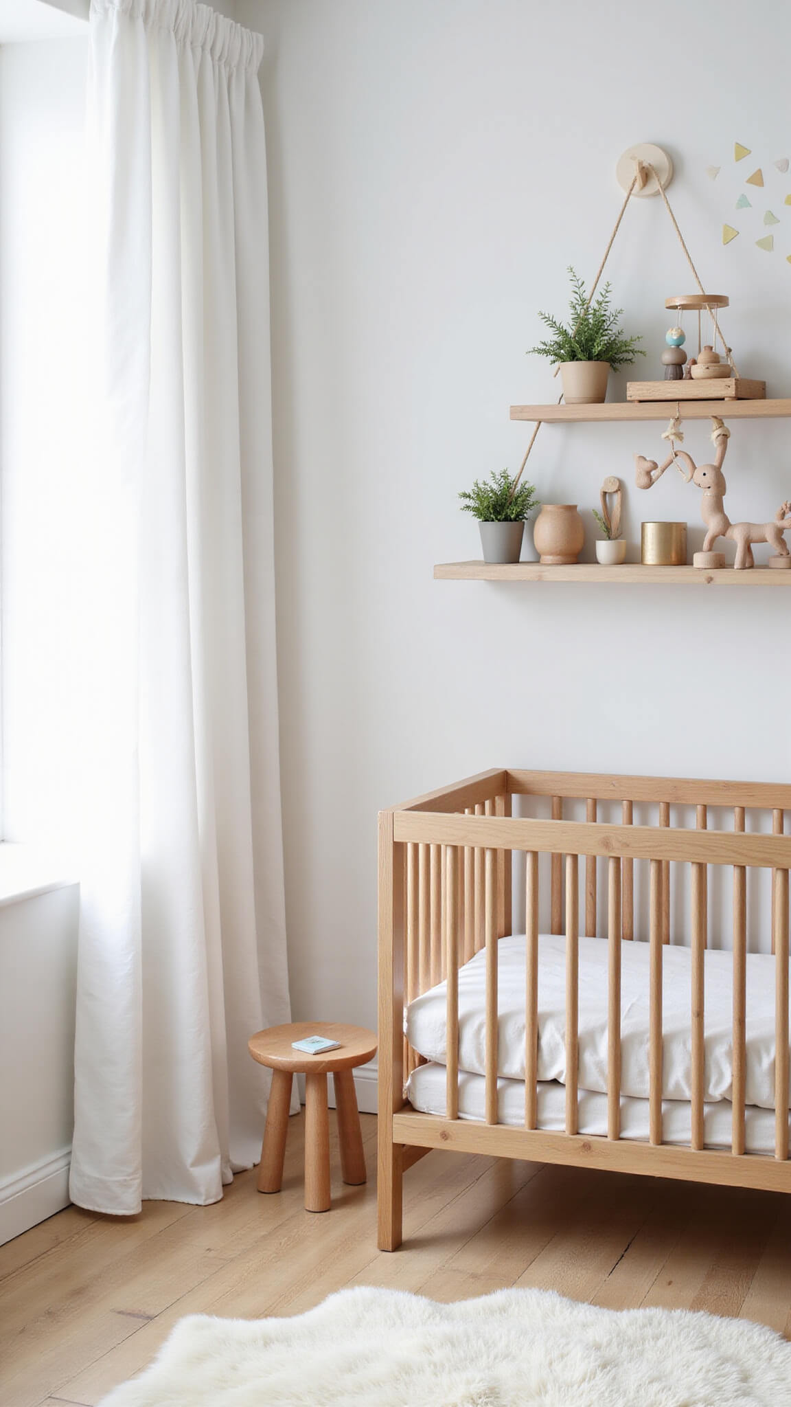 Minimalist Scandinavian nursery with blonde wood crib, geometric wall decals, floating shelves with wooden toys, sheepskin rug on oak floor, pastel mobile, and white linen curtains framing tall windows.