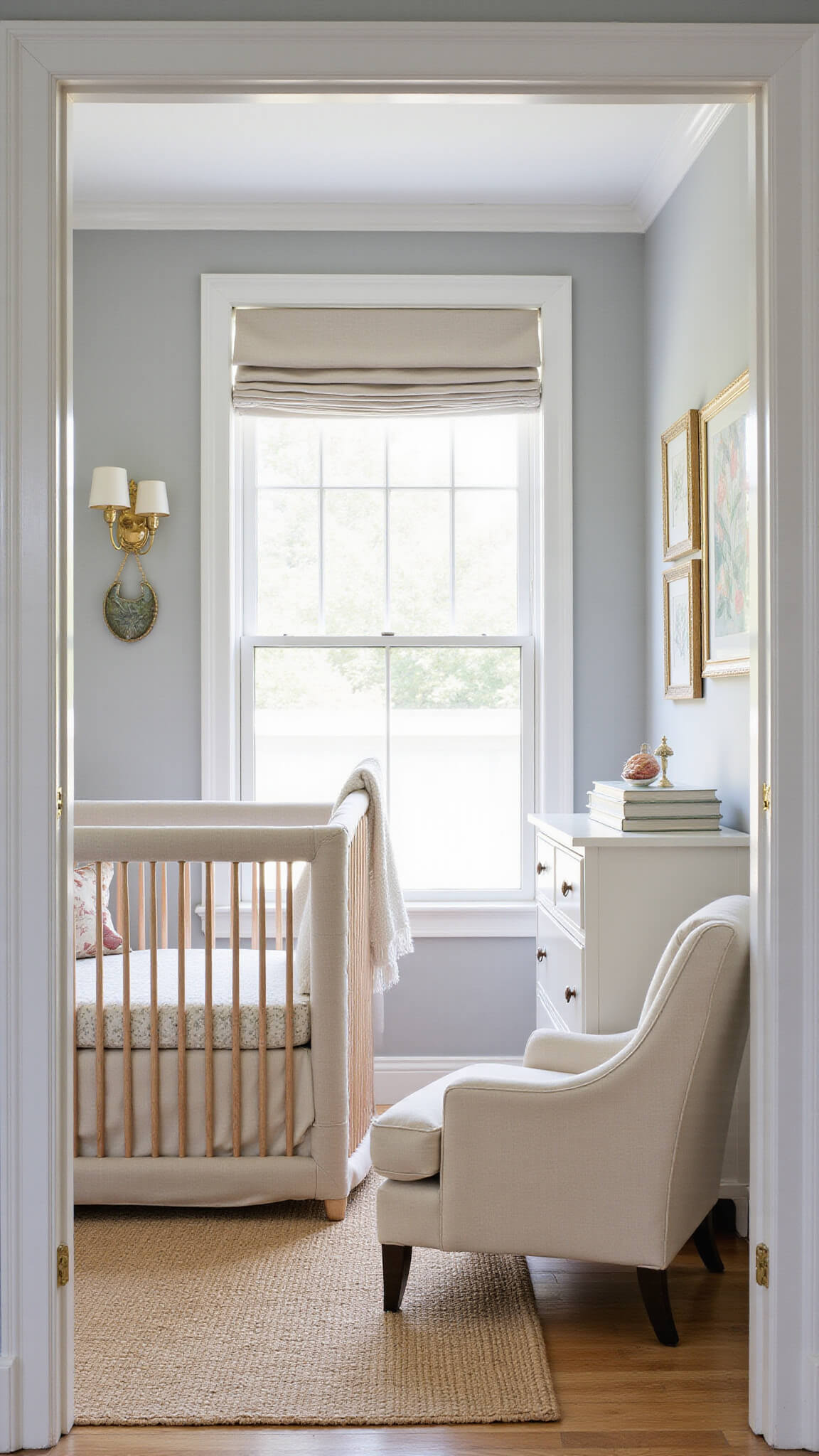 Transitional nursery with cream linen crib centered on seagrass rug, soft grey walls, white trim, antique brass sconces, abstract floral art, and tufted nursing chair by window with morning light.