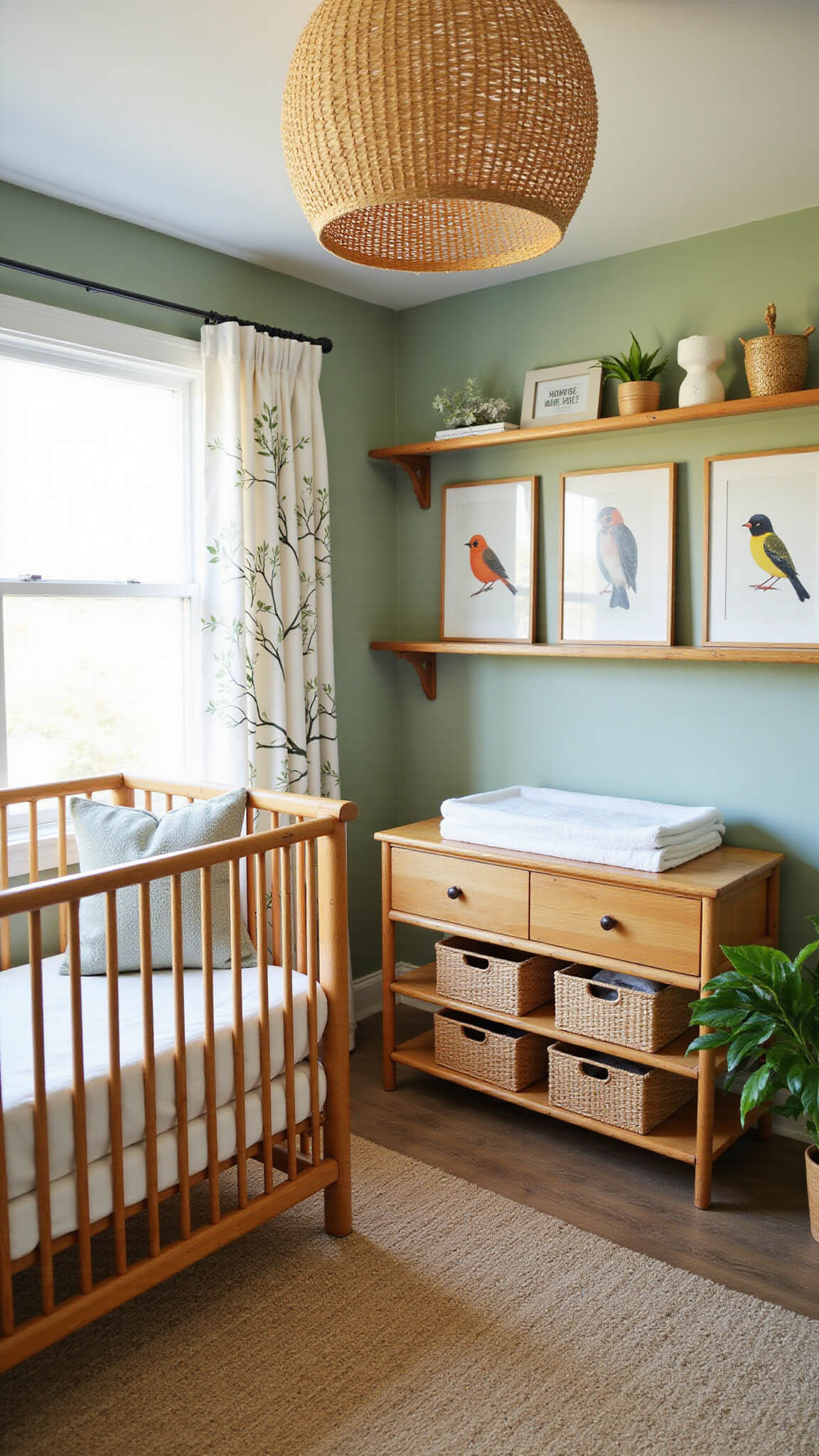 Nature-themed nursery with sage green walls, hand-painted tree mural, natural wood crib, woven pendant light, botanical window seat, floating shelves with bird prints, wool berber carpet, and vintage bamboo changing table with baskets.