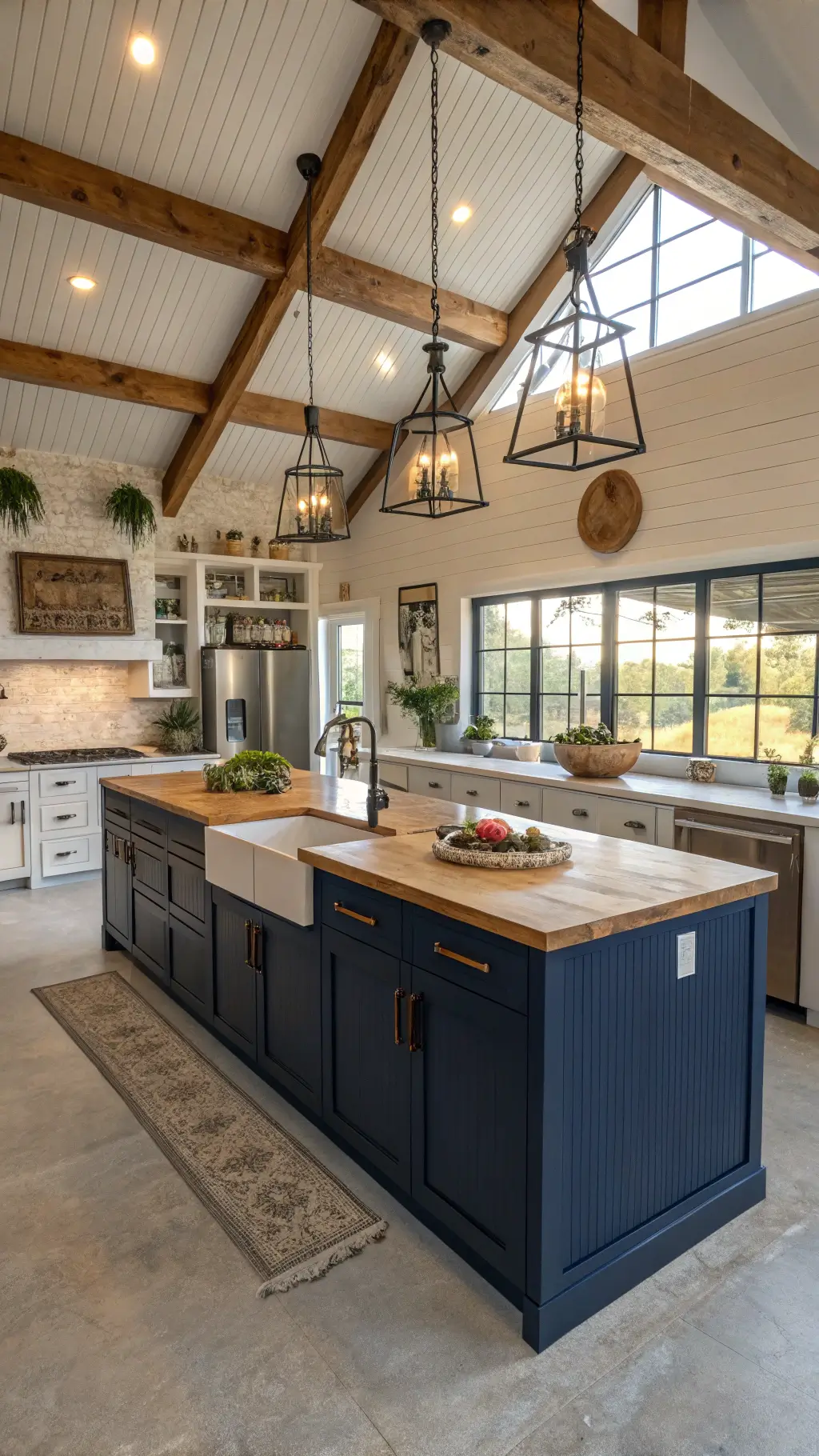Open-concept farmhouse kitchen with navy beadboard cabinets, butcher block island, exposed wood beams, and morning golden hour lighting.