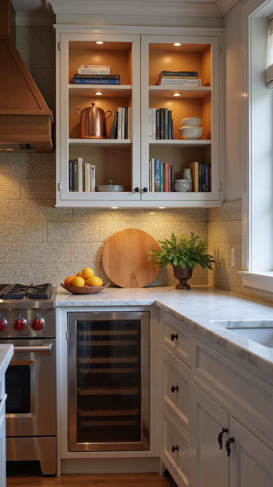 Luxury kitchen prep zone at dusk with zellige tile backsplash, glowing wine storage, marble countertops, and white oak shelves displaying cookbooks and copper cookware.