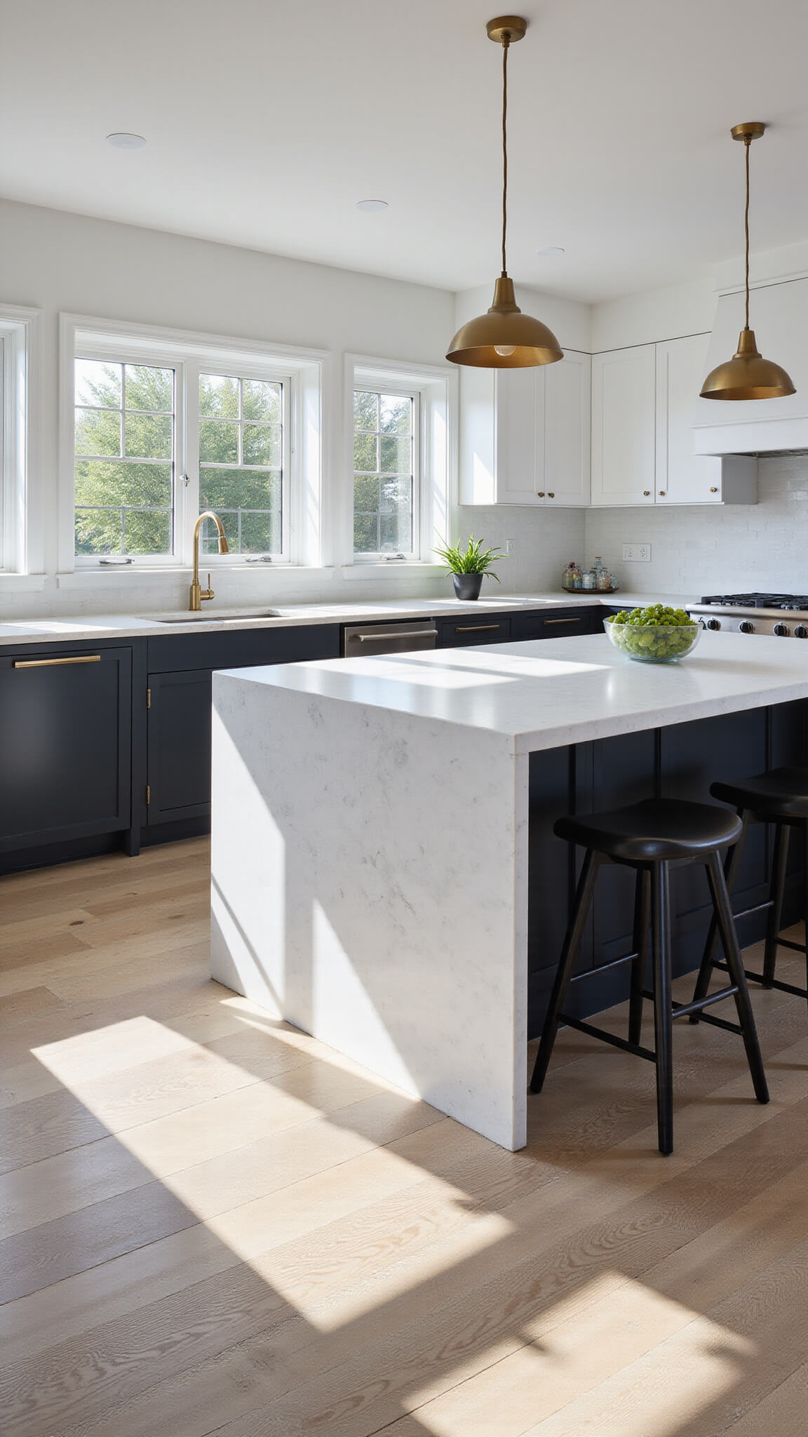 Modern monochrome kitchen with black and white cabinets, quartz island, brass lighting, and morning sunlight casting shadows through tall windows.