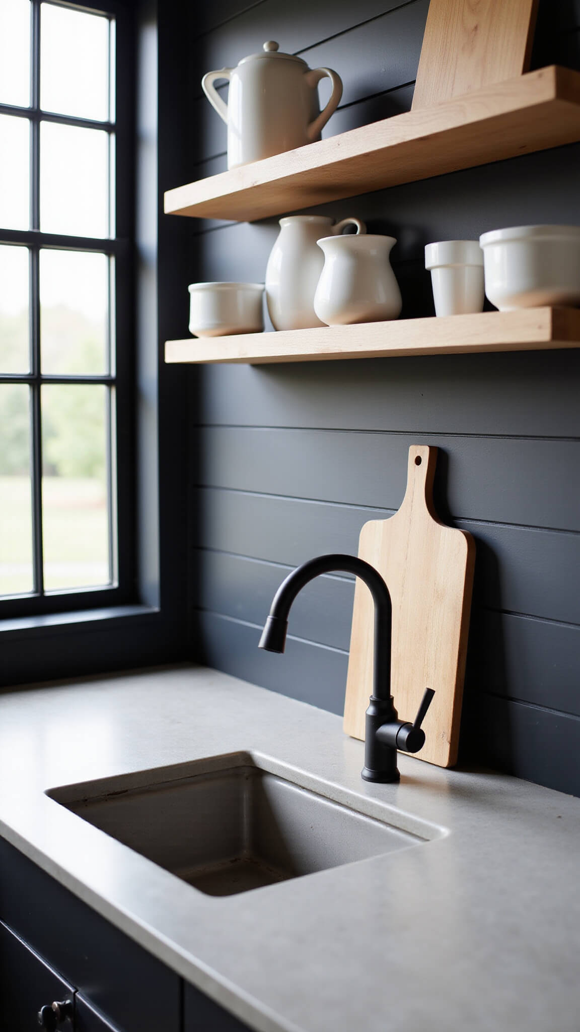 Close-up of concrete kitchen countertop with ceramic vessels, wood boards, and copper accents against black shiplap wall in natural afternoon light.