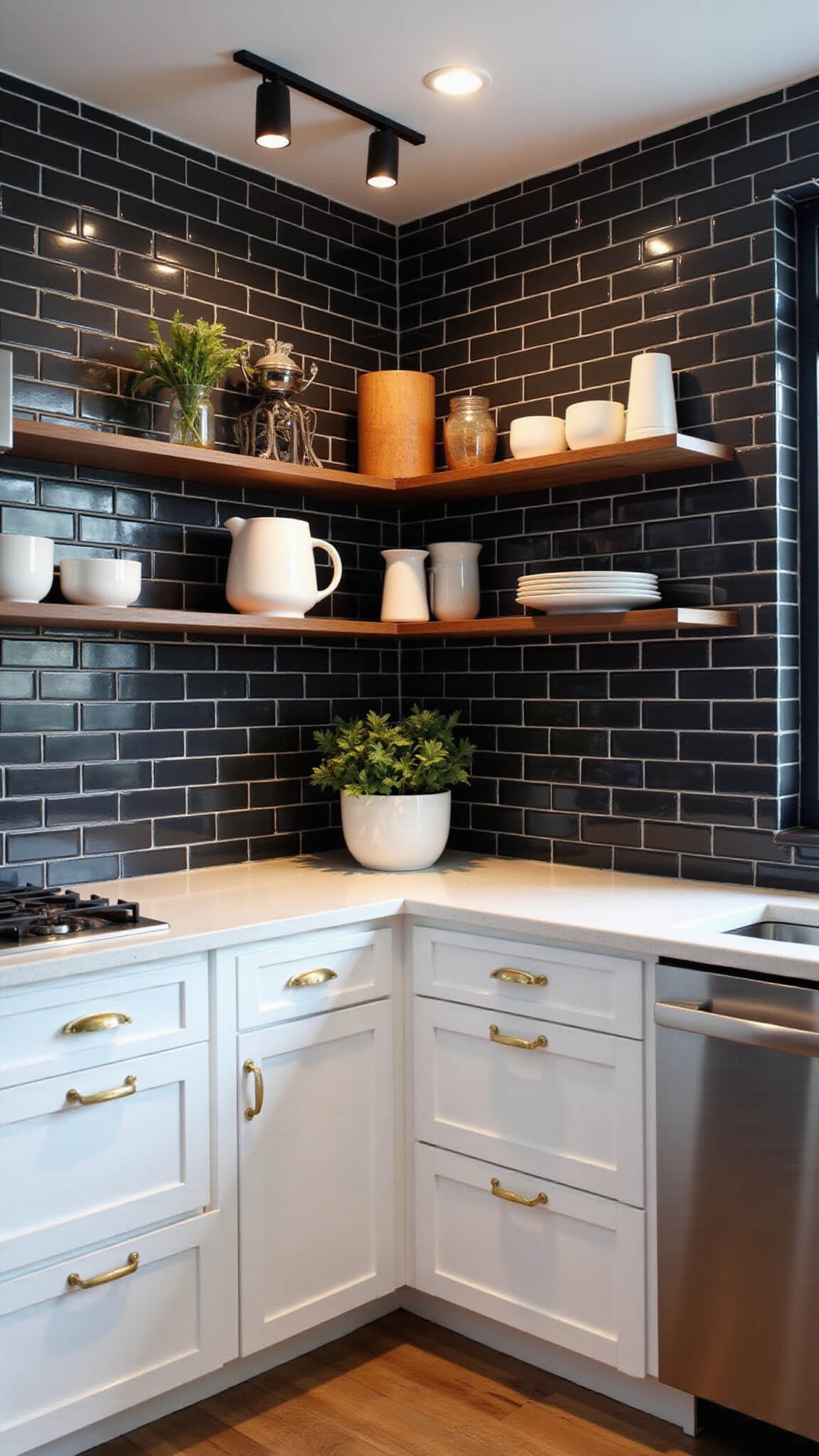 Moody evening kitchen with black subway tile backsplash, white quartz countertops, brass hardware, and glowing under-cabinet lighting.
