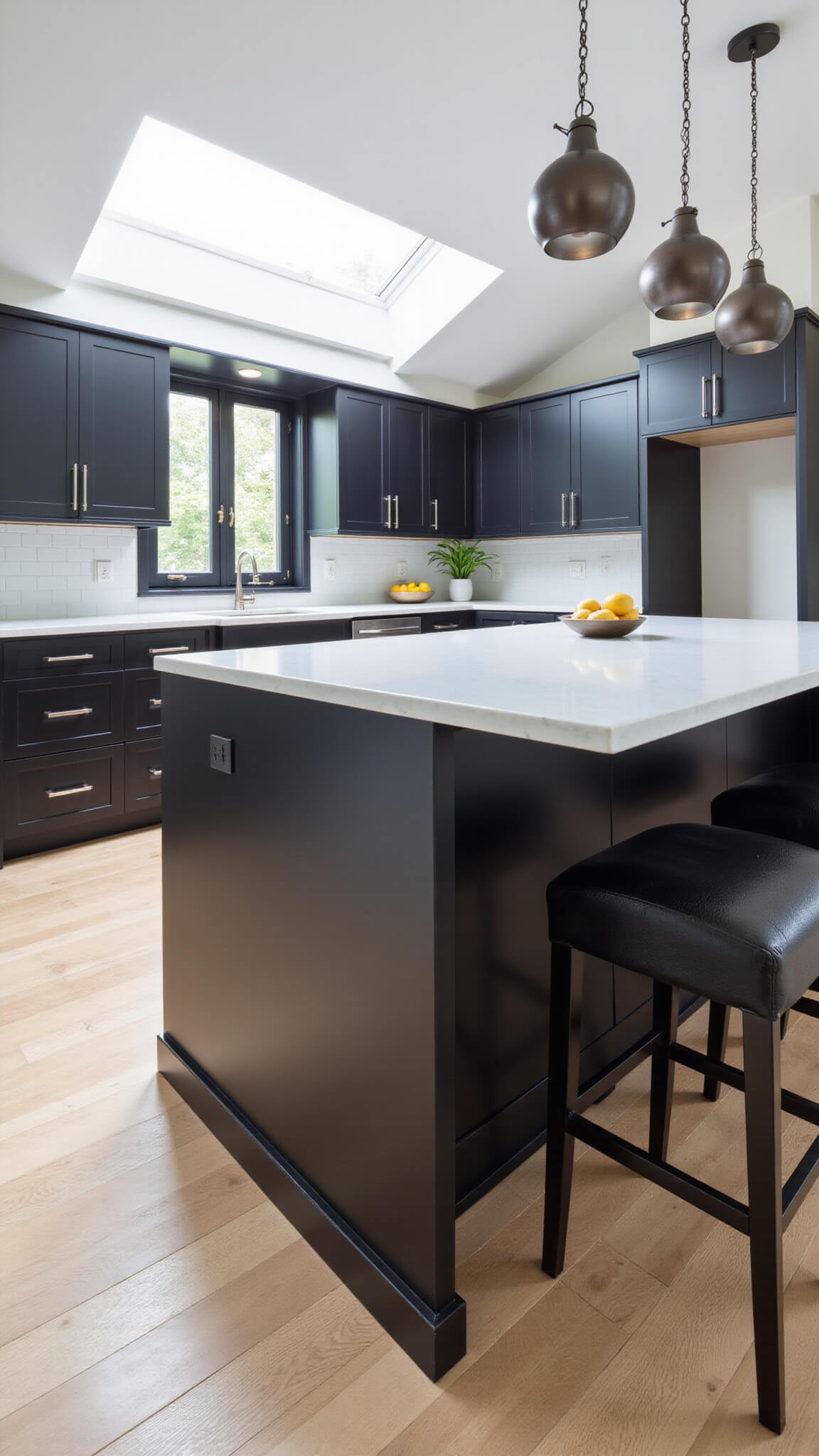 Dramatic black kitchen island with white quartz waterfall edges, globe pendant lights above, leather bar stools, and white oak flooring lit by skylight.