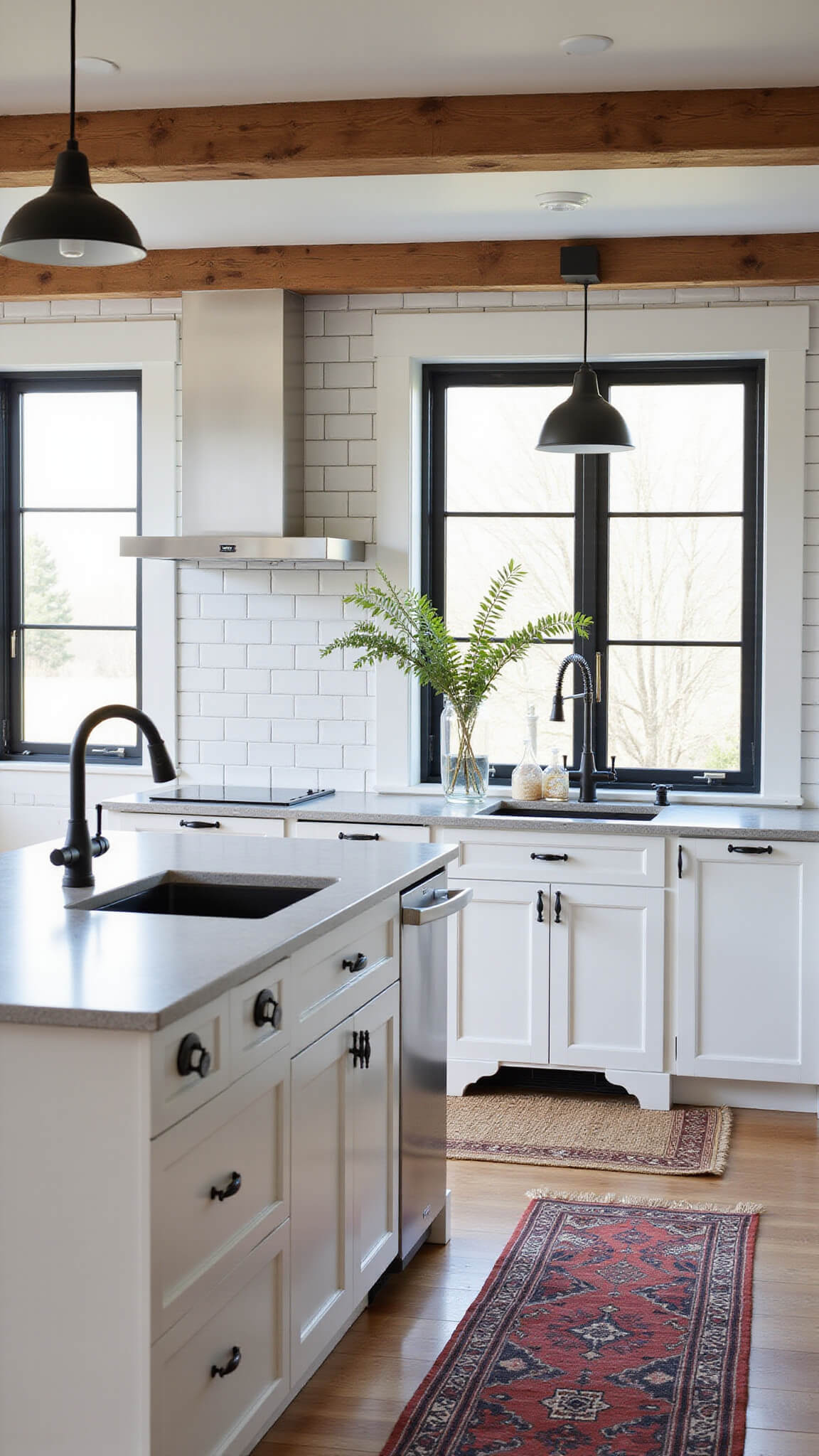 Modern farmhouse kitchen with white shaker cabinets, black hardware, exposed wooden beams, black steel-framed windows, vintage rugs, and white subway tile walls with dark grout, bathed in mid-morning natural light.