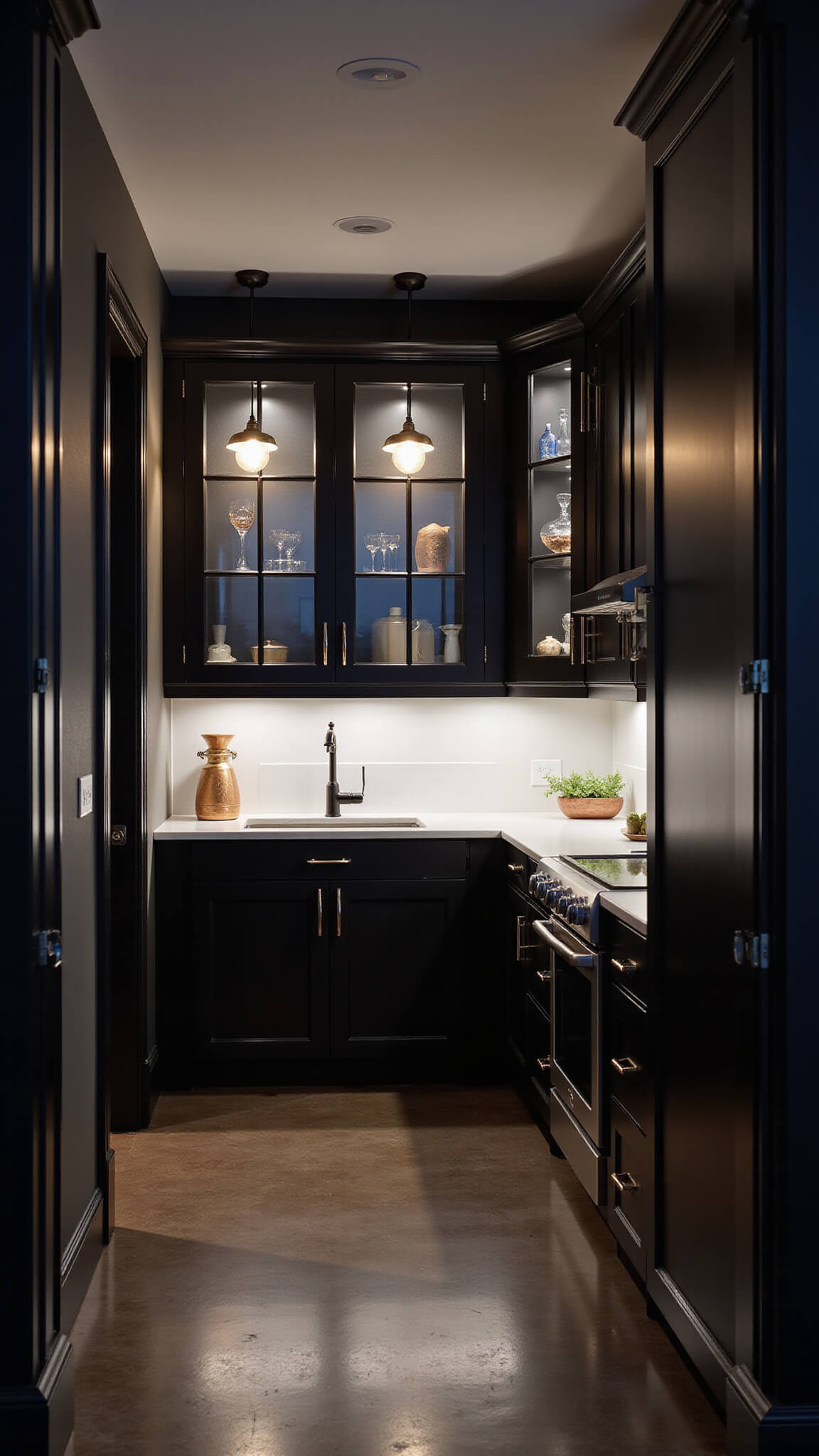 Evening kitchen scene with glowing white countertops, illuminated black glass cabinets, reflective black floor, and copper and brass accents under dramatic lighting.