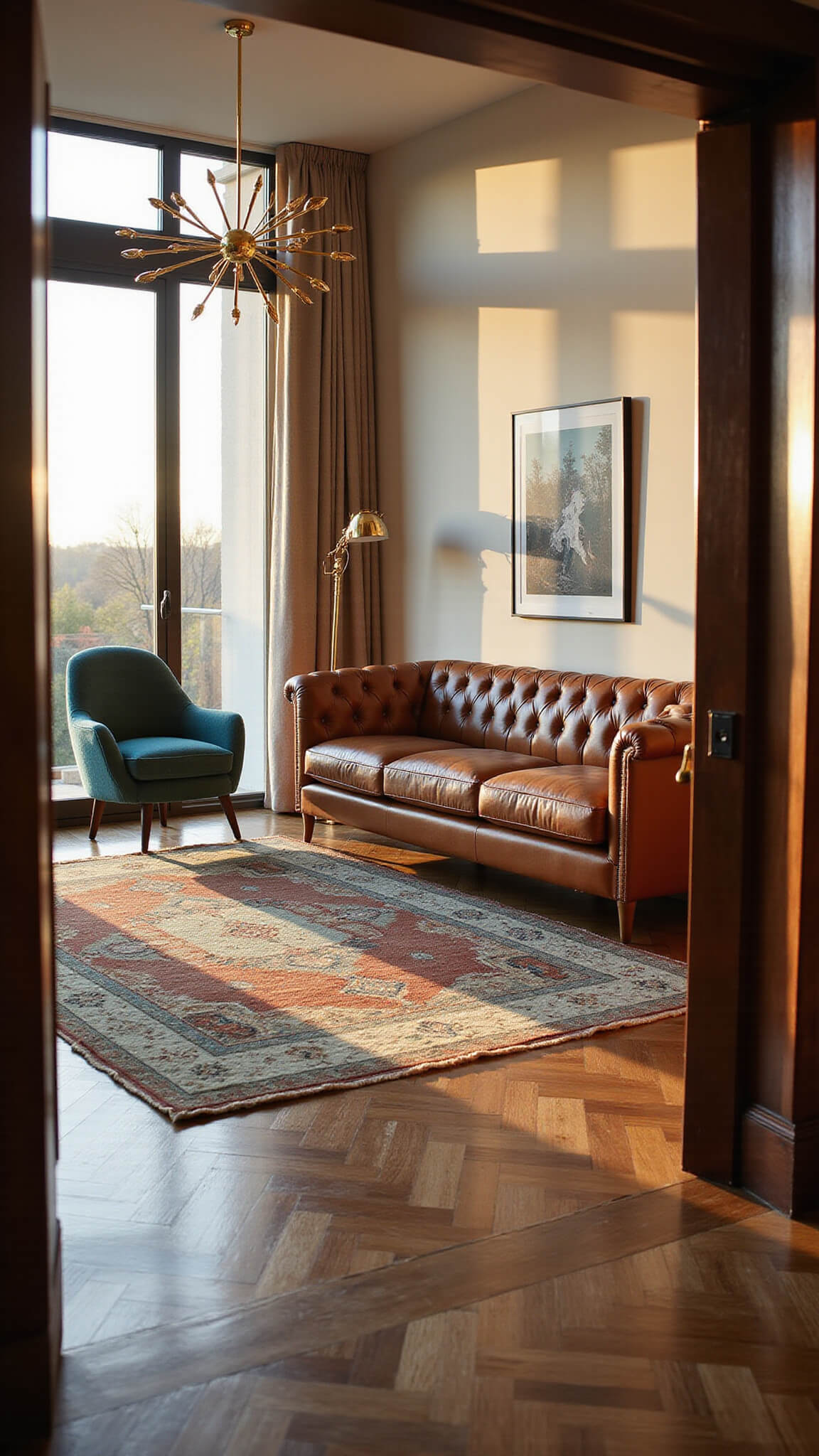 Mid-century modern living room at golden hour with cognac leather Chesterfield sofa, brass Sputnik chandelier, Persian rugs, and Brazilian walnut herringbone floors.