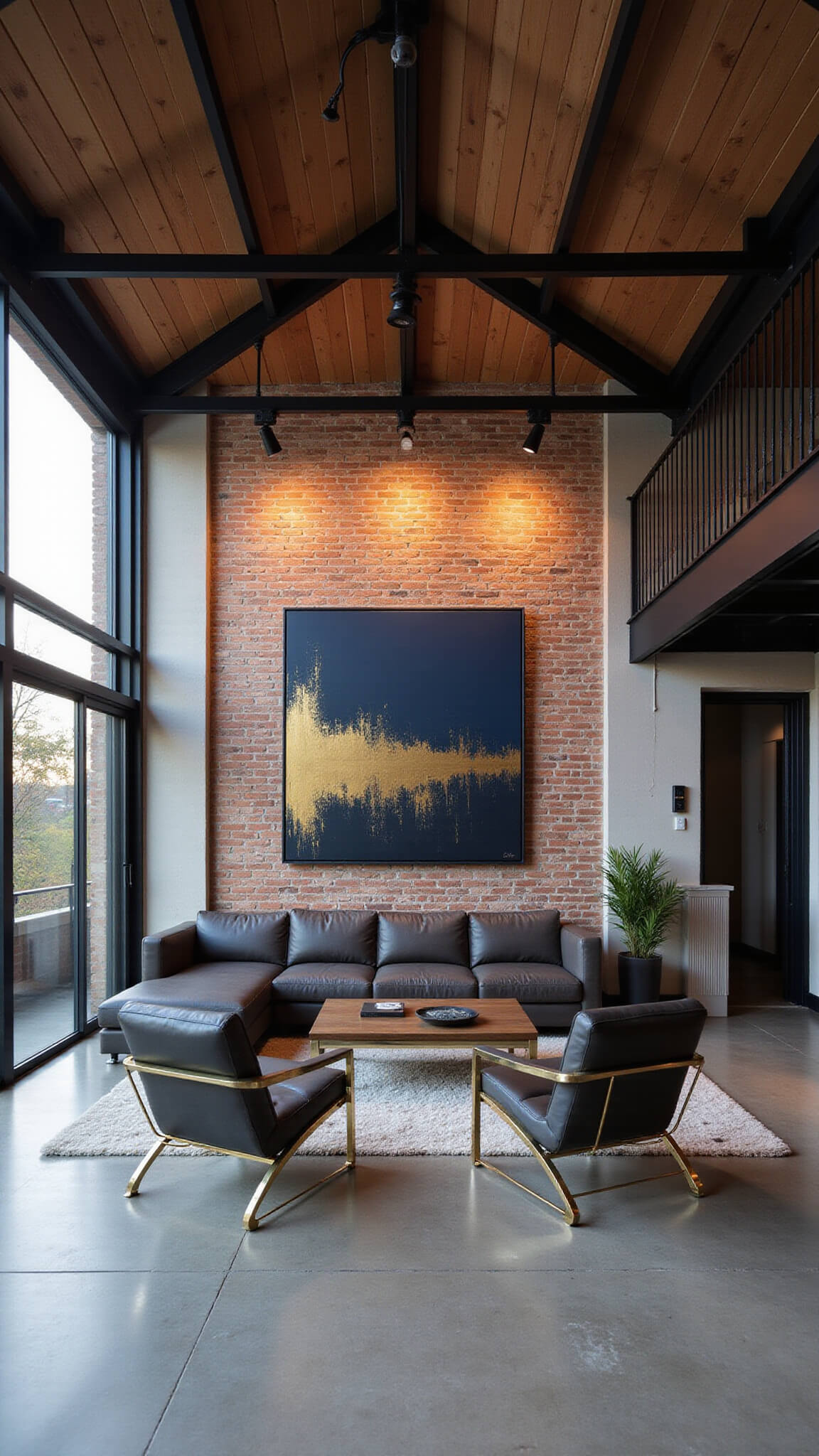 Industrial-chic living room with high ceilings, exposed beams, and dramatic lighting, featuring a charcoal leather sectional, brass armchairs, and a large navy and gold abstract painting on a brick accent wall.