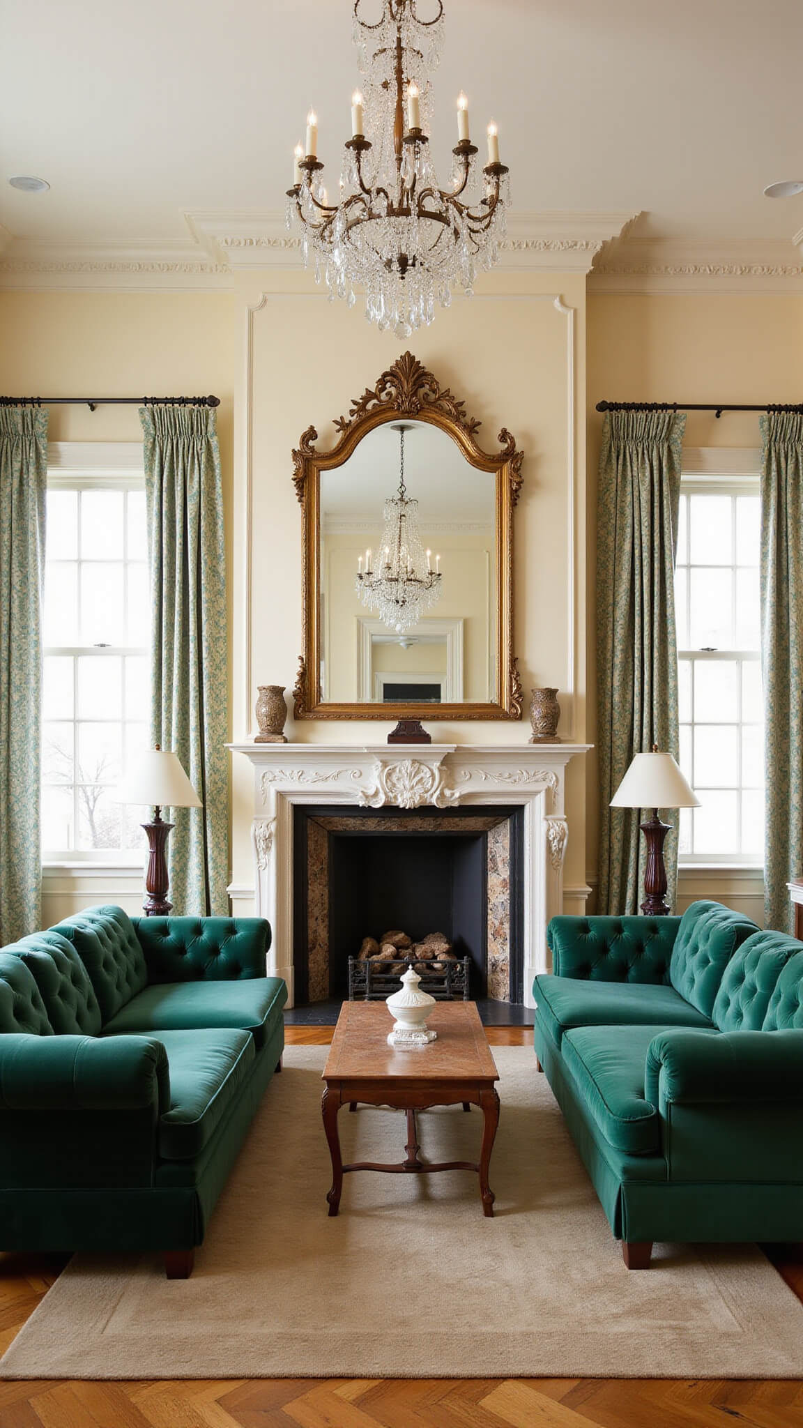 Elegant traditional living room with emerald velvet sofas, crystal chandelier, marble fireplace, and silk curtains in soft morning light.