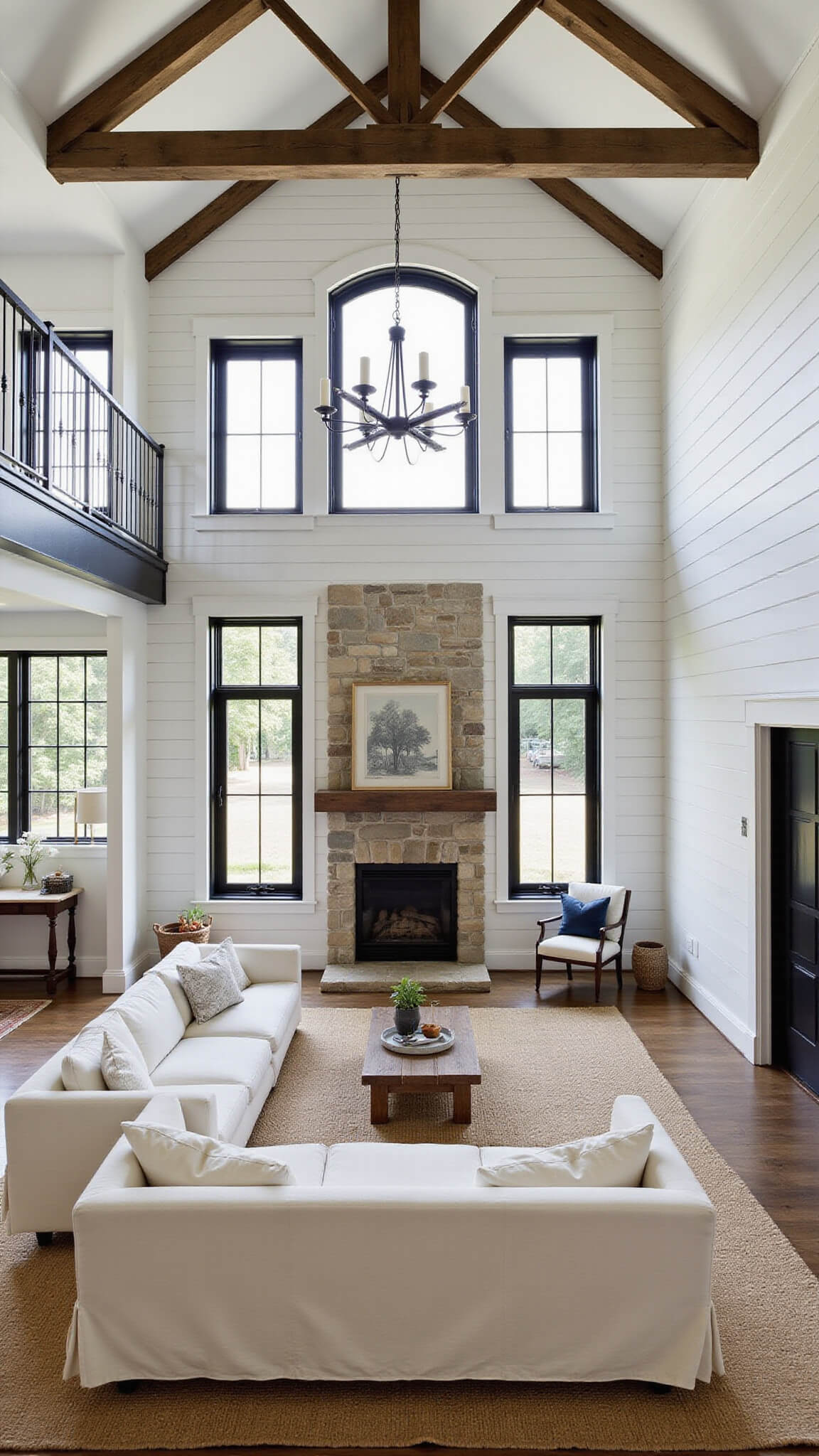 Modern farmhouse great room with ivory sectional, stone fireplace, and vintage rug, viewed from mezzanine at twilight.