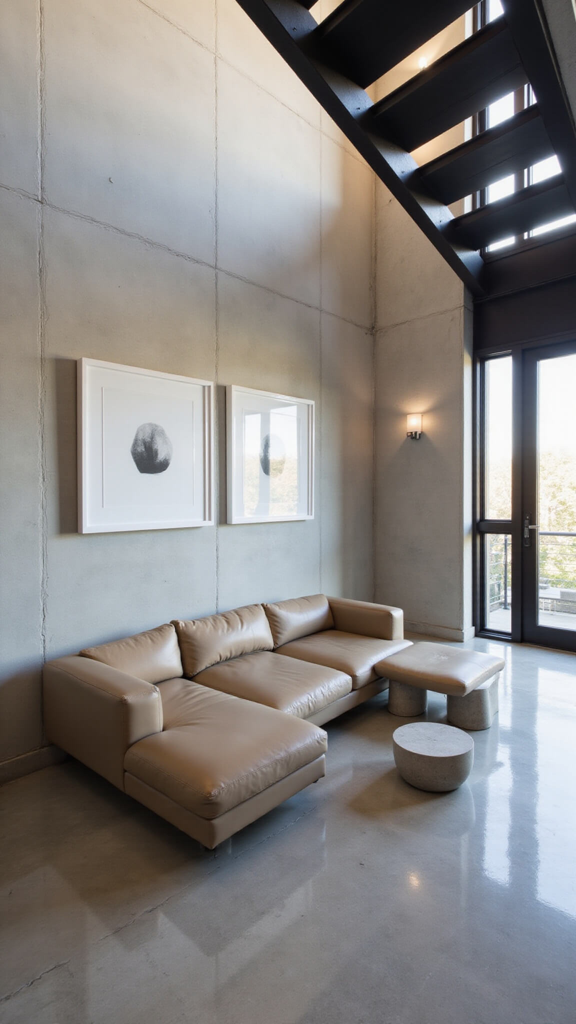 Brutalist minimalist living space with board-formed concrete walls, floating steel staircase, greige leather sectional, concrete side tables, monochromatic artwork, and polished concrete floors reflecting noon light.