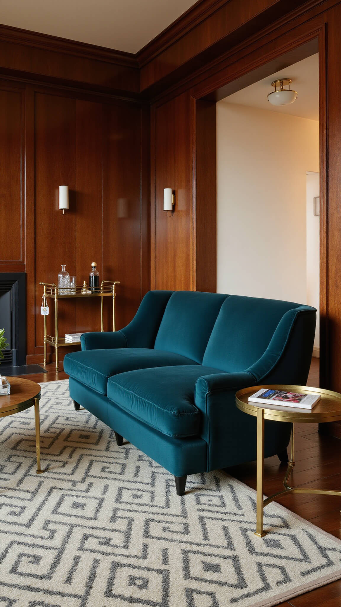 Art Deco living room at sunset with teal velvet sofa, geometric gold and black rug, brass bar cart, dark walnut paneling, and stepped ceiling detail.