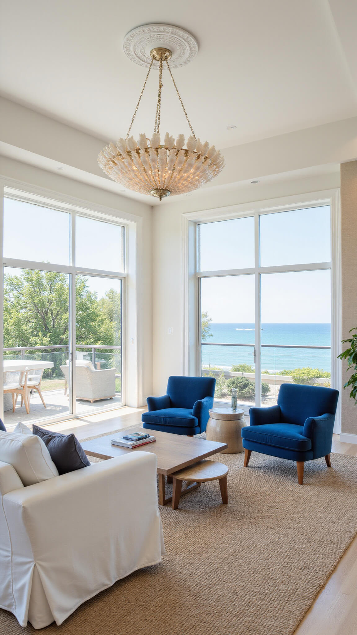Bright contemporary coastal living room with ocean views, white sectional, blue velvet chairs, capiz chandelier, and floor-to-ceiling windows.