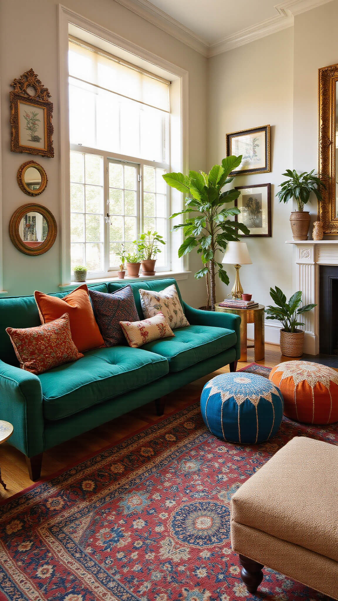 Sunlit bohemian living room with emerald velvet sofa, vintage Persian rug, gold mirrors, and lush plants during golden hour.