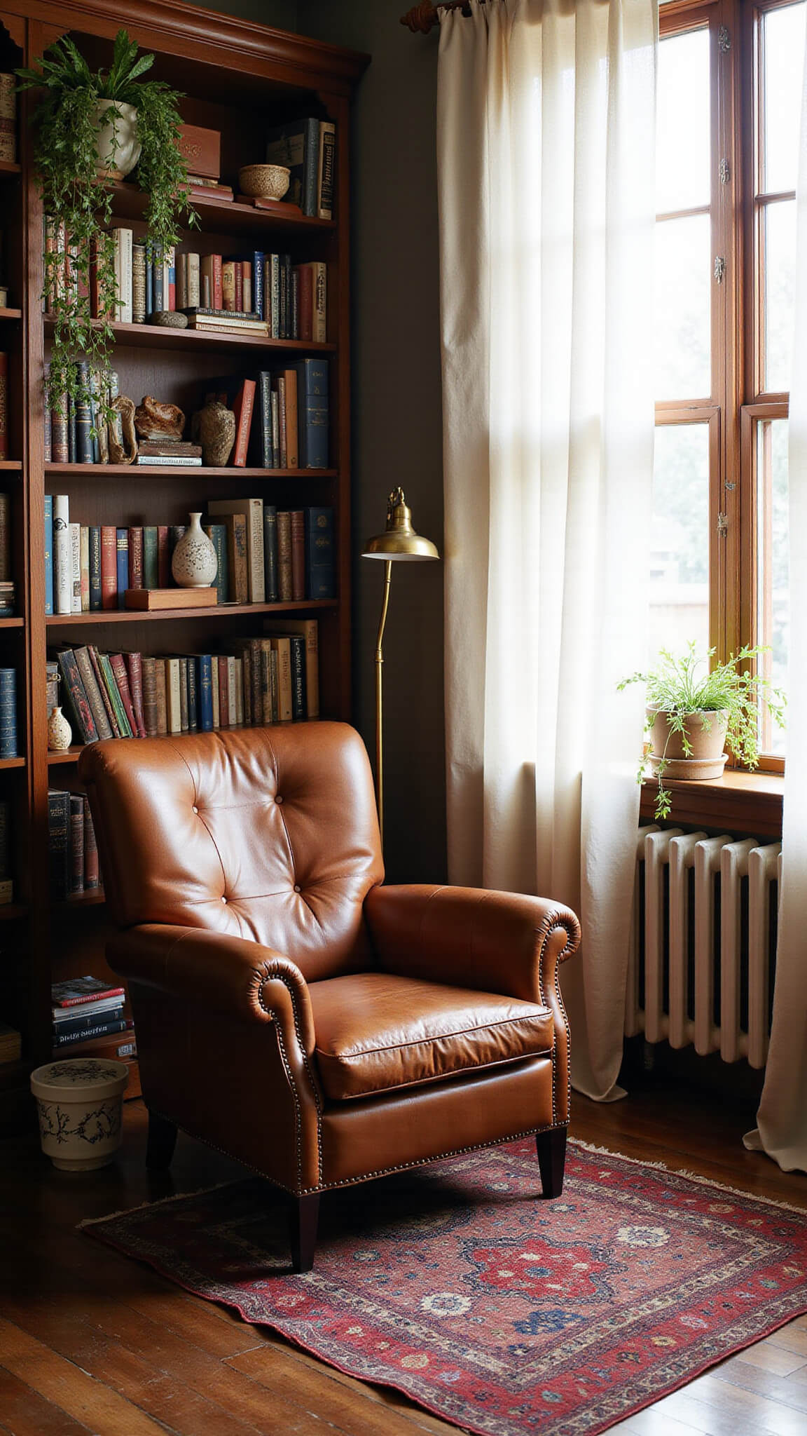 Cozy reading nook with worn leather armchair, vintage bookshelf, layered rugs, hanging plants, and soft morning light through macramé curtains.