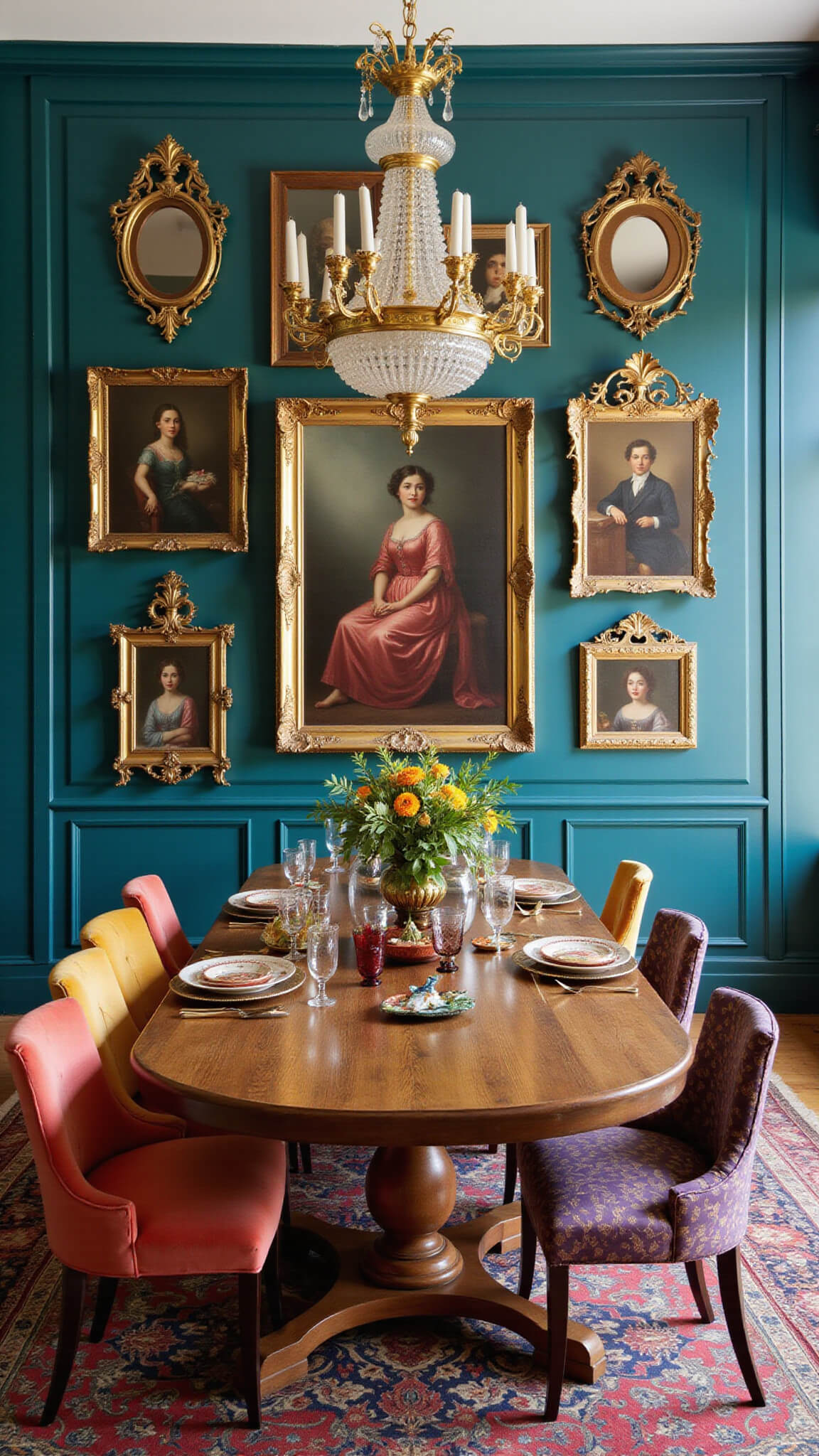 Maximalist dining room with teal walls, vintage art salon-style, mismatched velvet chairs, reclaimed wood table, Murano glass chandelier, and eclectic table decor viewed from above.