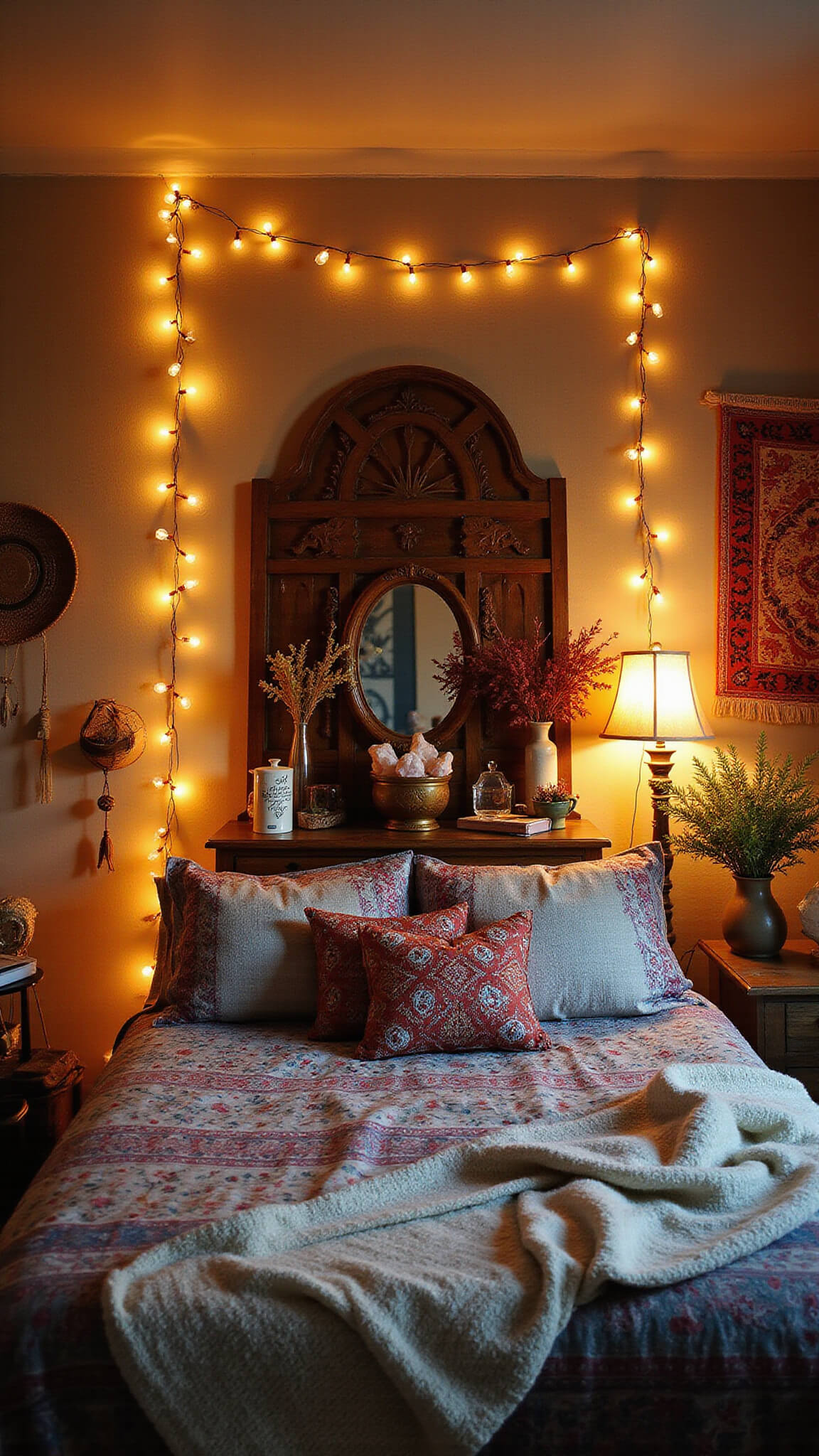 Boho bedroom corner with canopy bed, string lights, vintage lamps, and earthy wall decor during blue hour.
