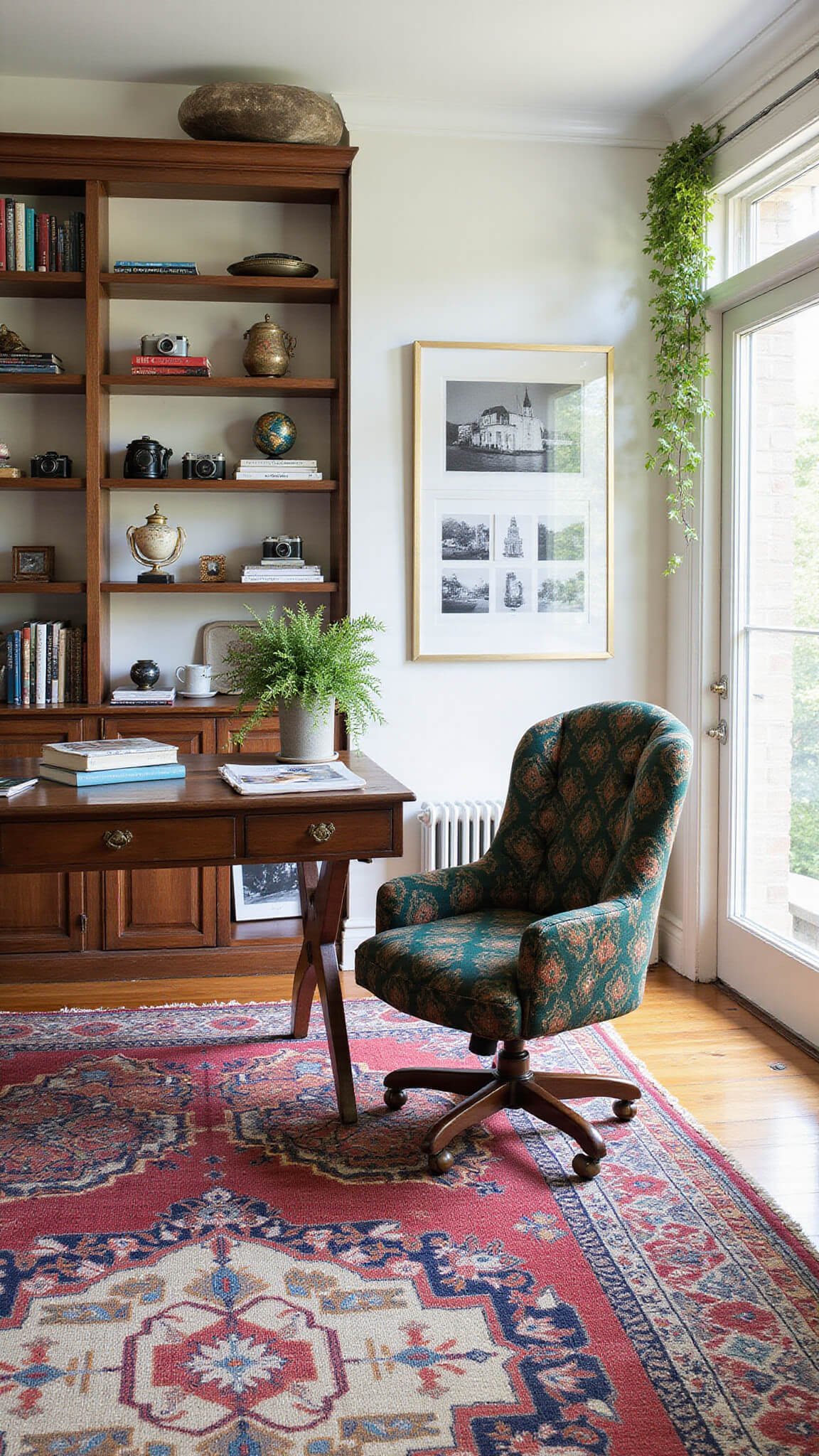 Eclectic home office with peacock chair, floor-to-ceiling bookshelves, global decor, kilim rug, and gallery wall, viewed from above in bright midday light.