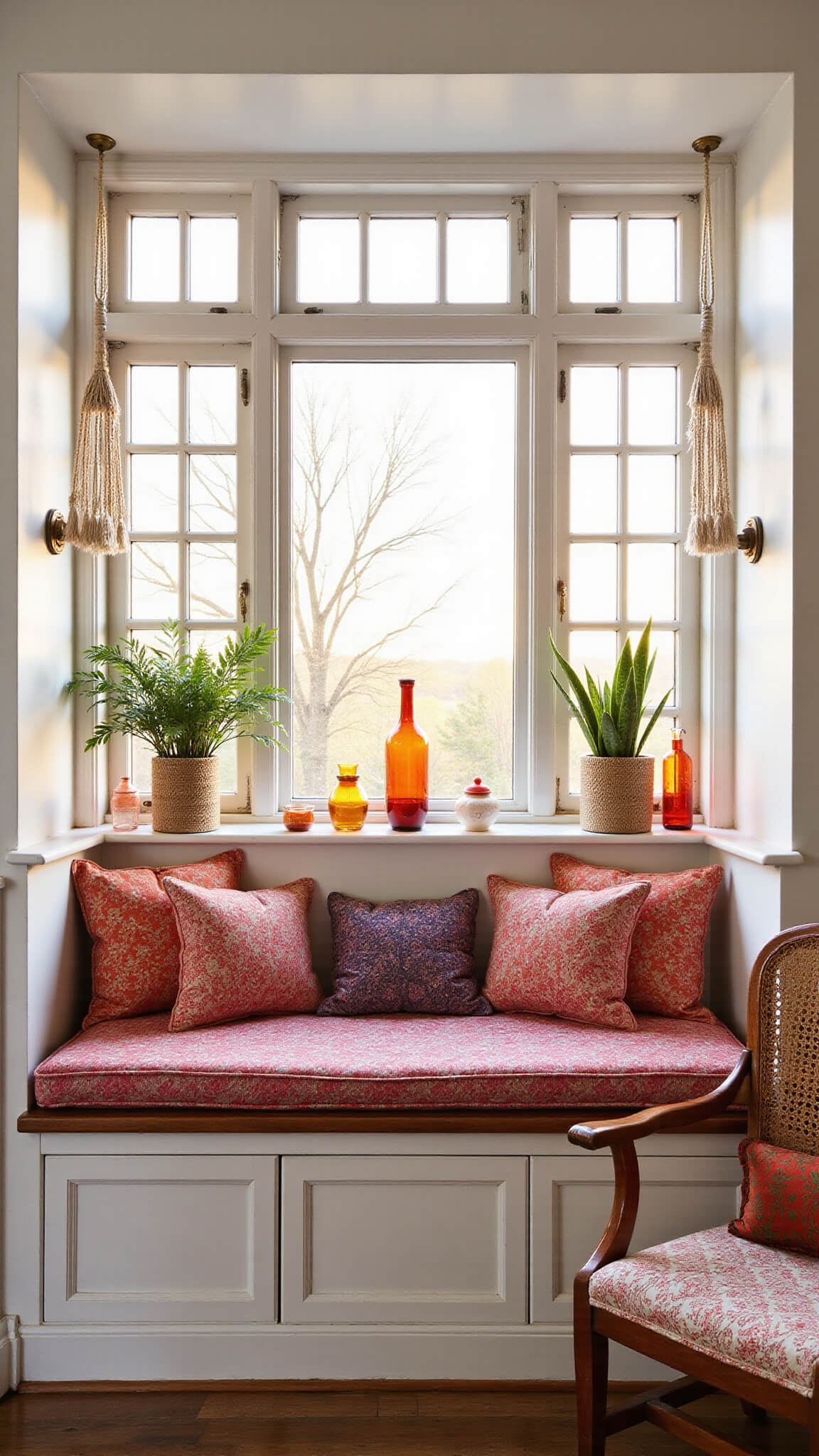 Bohemian window seat nook with colorful Indian print cushions, macramé planters, leaded glass, ceramics, and a rattan peacock chair in golden hour light.