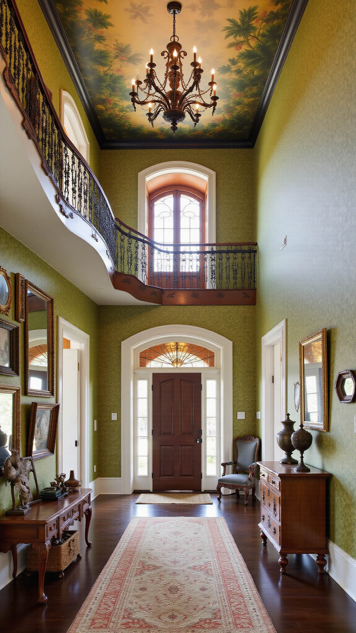 Dramatic 16ft entryway with spiral staircase, botanical murals, vintage chandelier, mirrors, grasscloth walls, and global-styled wooden console.