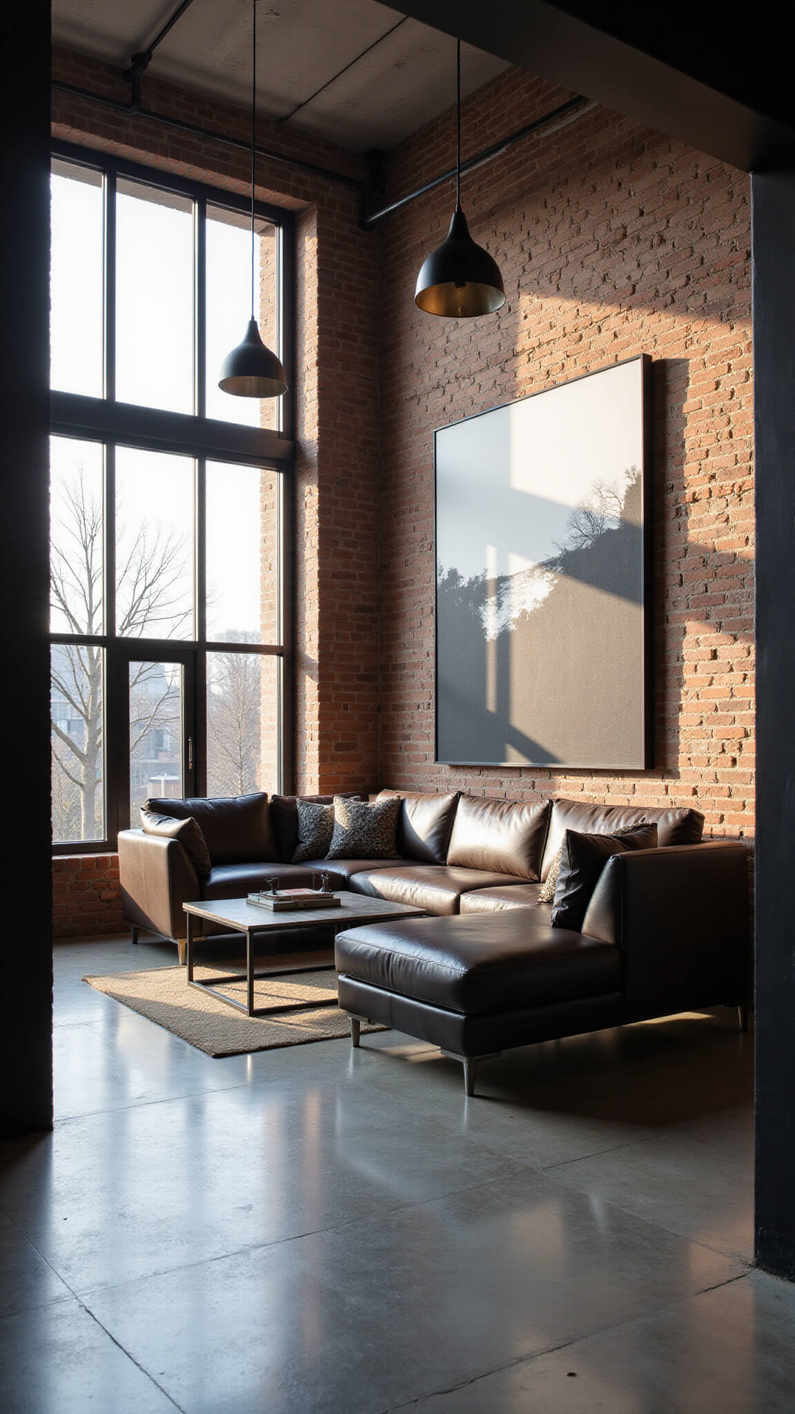 Loft-style living room with exposed brick walls, floor-to-ceiling black-framed windows, leather sectional, steel-and-glass coffee table, abstract art, and polished concrete floors in cool tones.