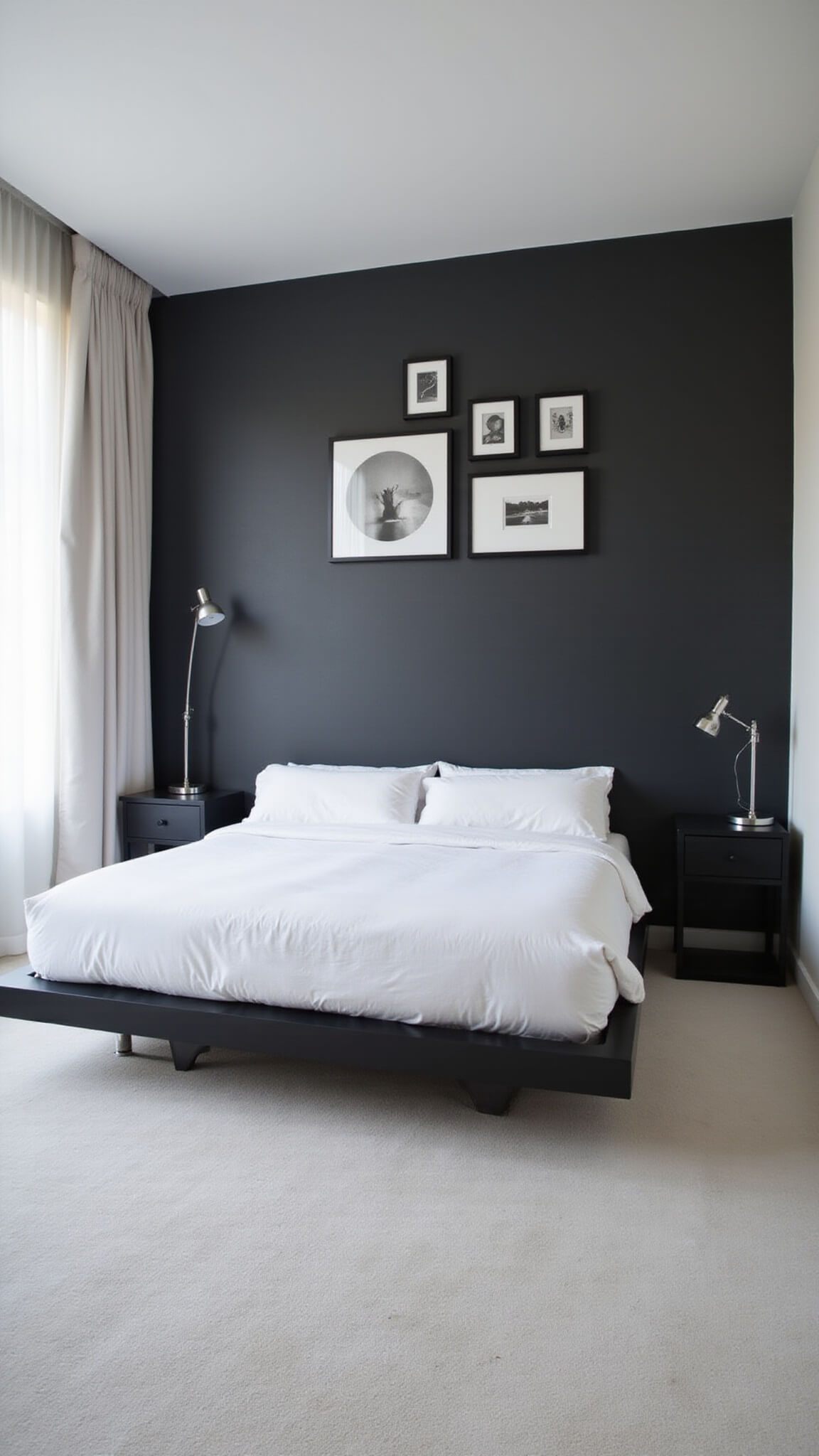 Modern monochromatic bedroom with charcoal accent wall, white platform bed, black floating nightstands, chrome lamps, and grid-arranged black-and-white photos.