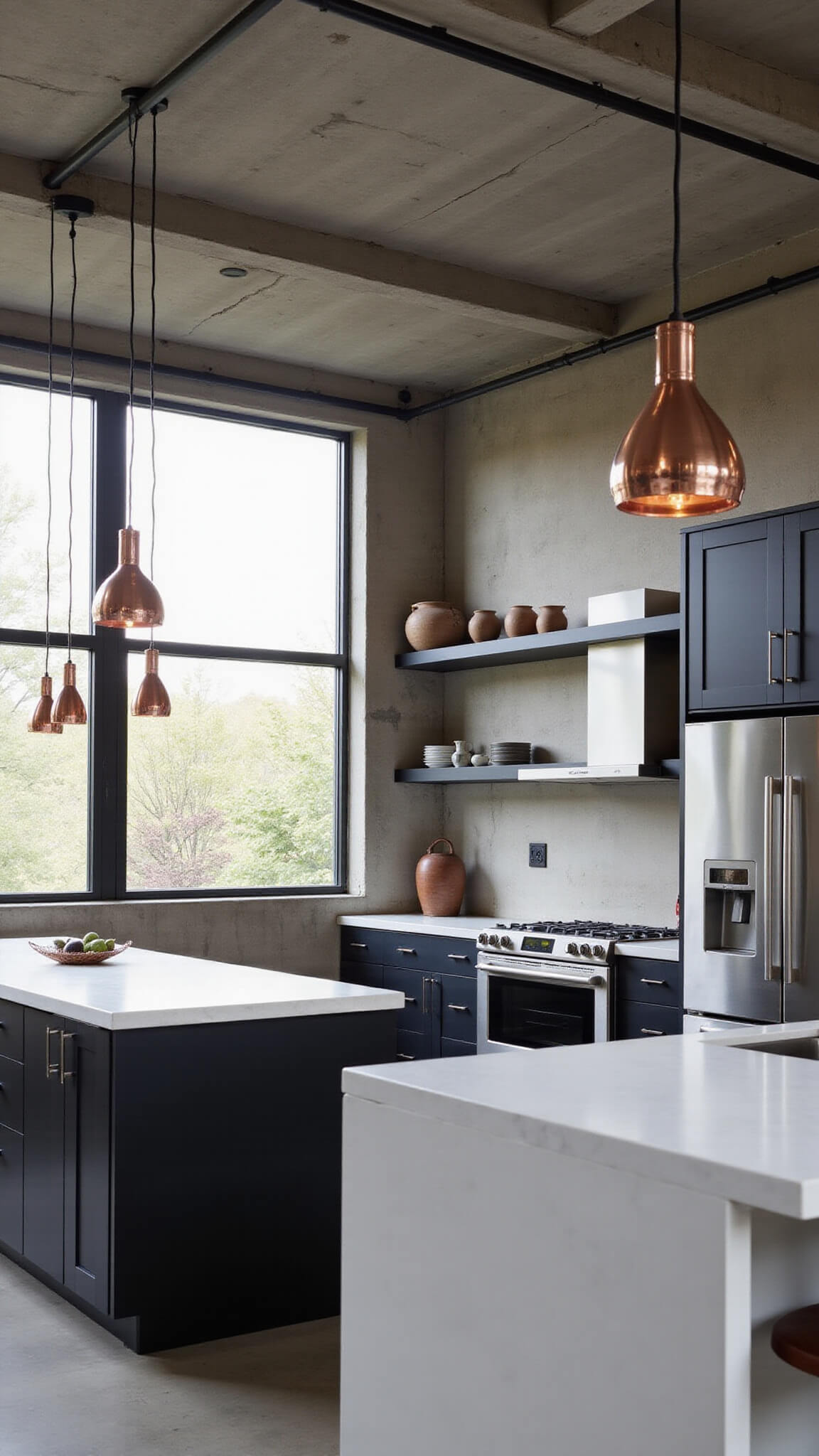 Industrial kitchen with exposed steel beams, concrete ceiling, quartz island, black cabinets, factory windows, and copper pendant lighting.