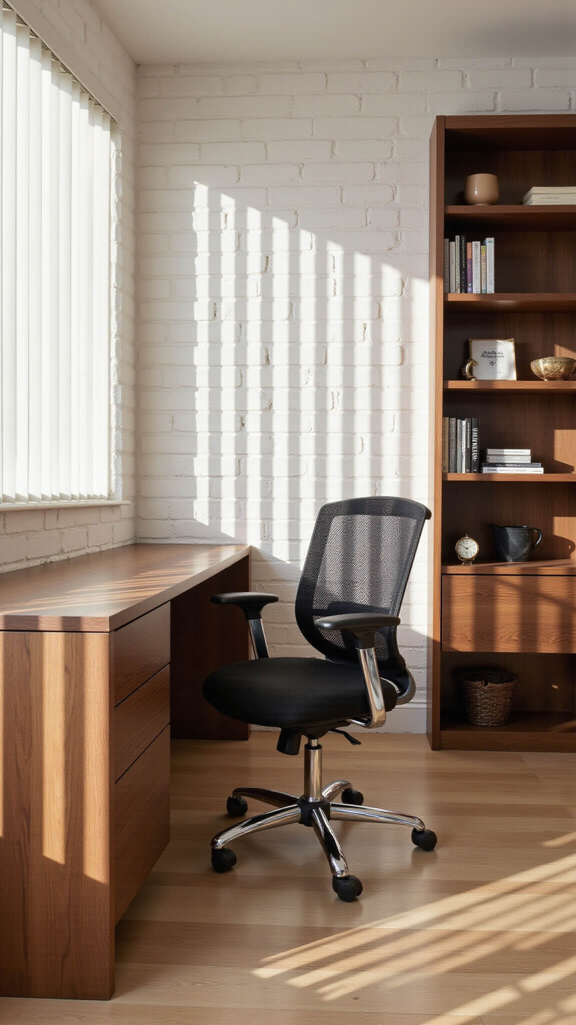 Contemporary home office nook with walnut floating desk, mesh chair, and white brick wall illuminated by afternoon sun through vertical blinds.