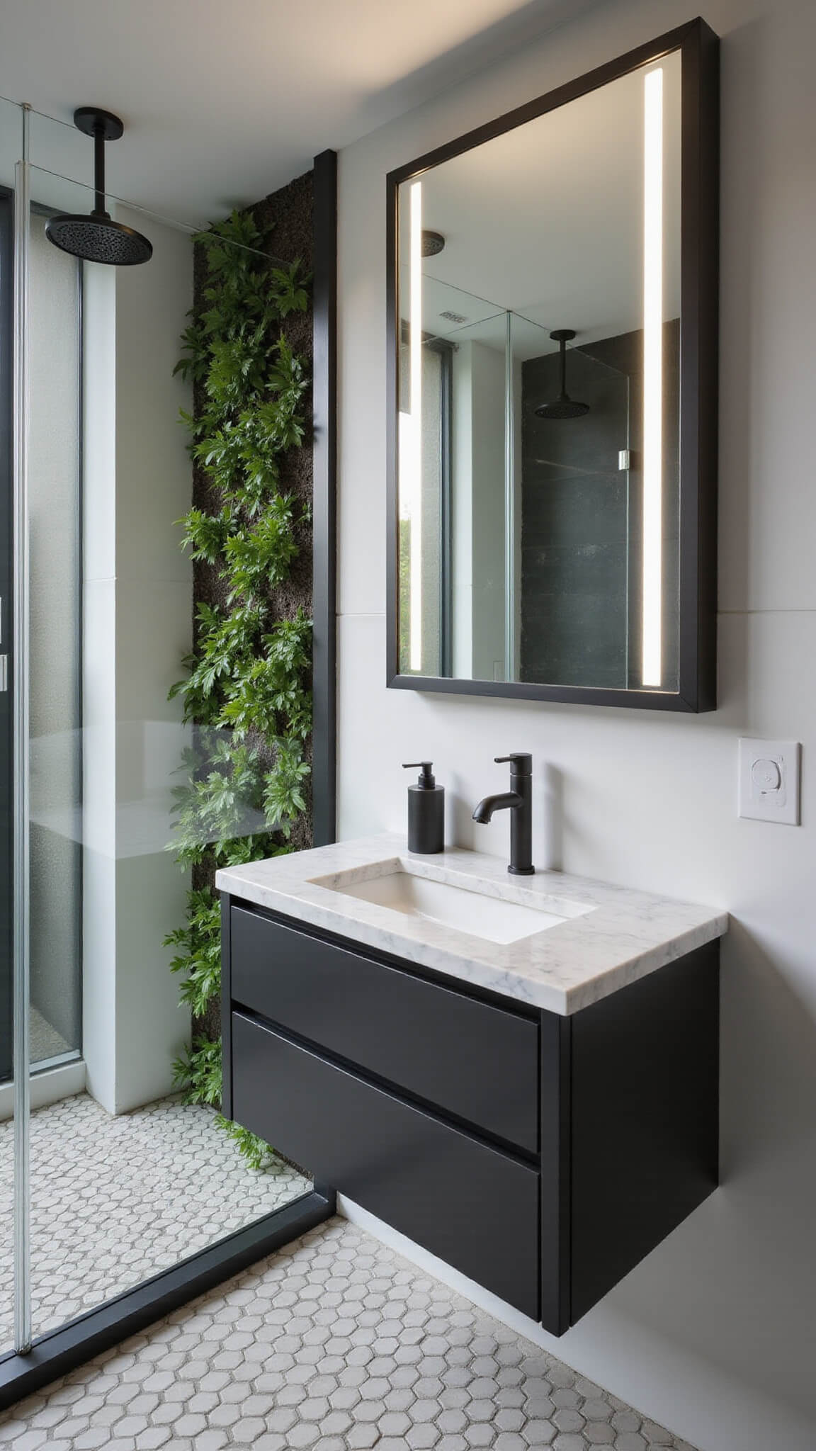 Modern urban bathroom with floating vanity, backlit mirror, hexagonal floor tiles, matte black fixtures, glass shower, and vertical garden wall.