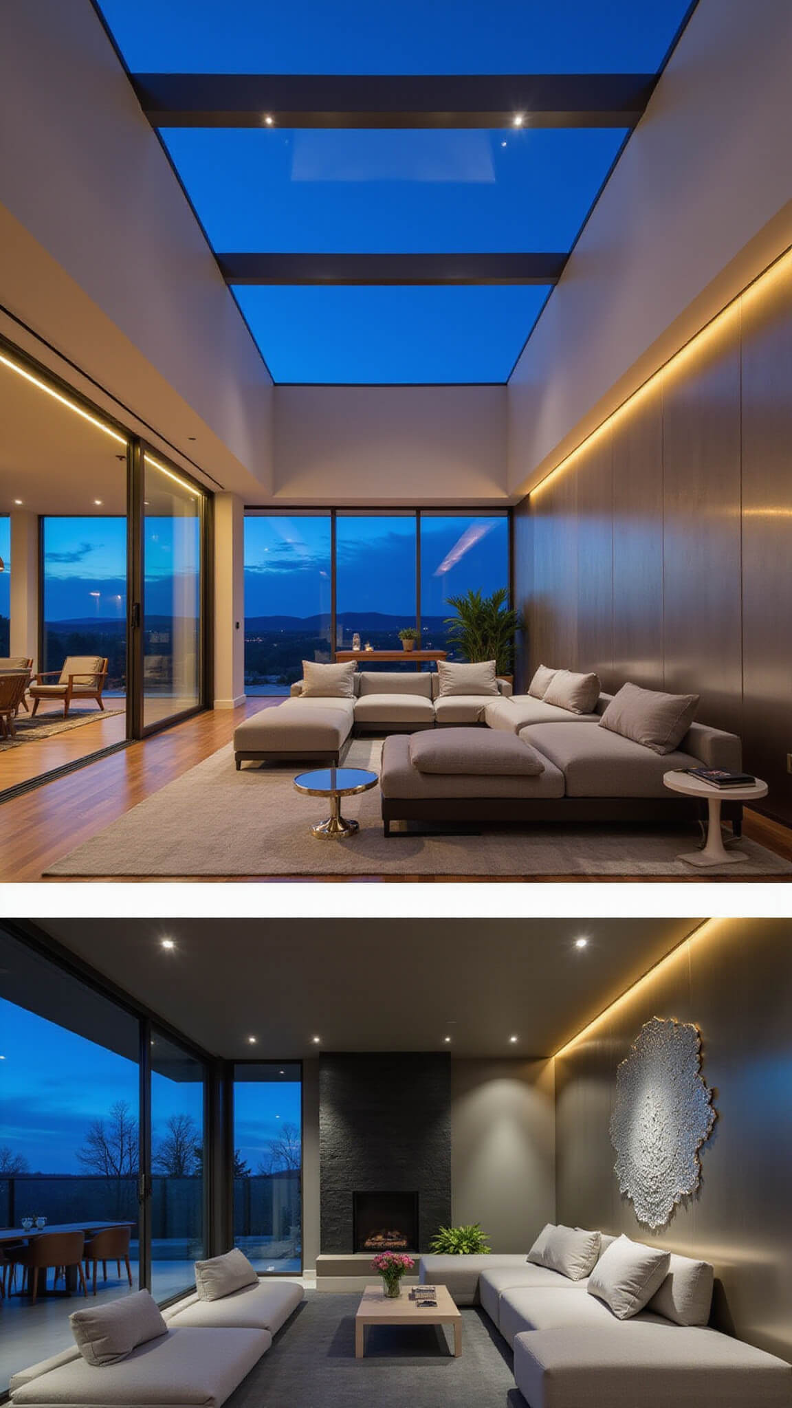 Smart living space with 20-foot ceiling, automated skylights, dusk LED lighting, modular gray wool seating, tech-integrated side tables, and metallic wall sculpture reflecting light.