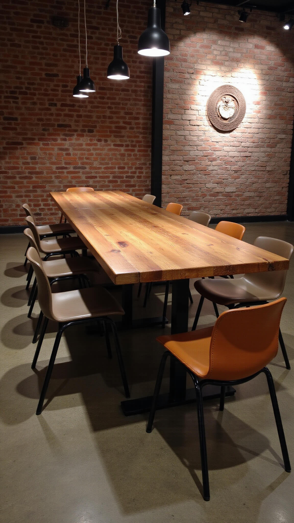 Evening view of industrial-style dining area with long reclaimed wood table, leather and metal chairs, spotlit brick wall art, and warm pendant lighting.