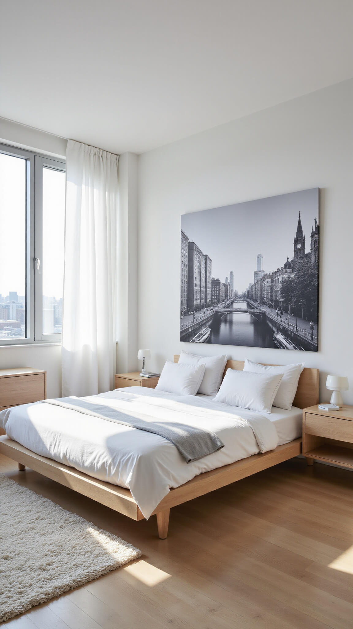 Bright contemporary minimalist bedroom with floor-to-ceiling windows, white linens on a bleached oak bed, light wood furniture, and Scandinavian design touches.