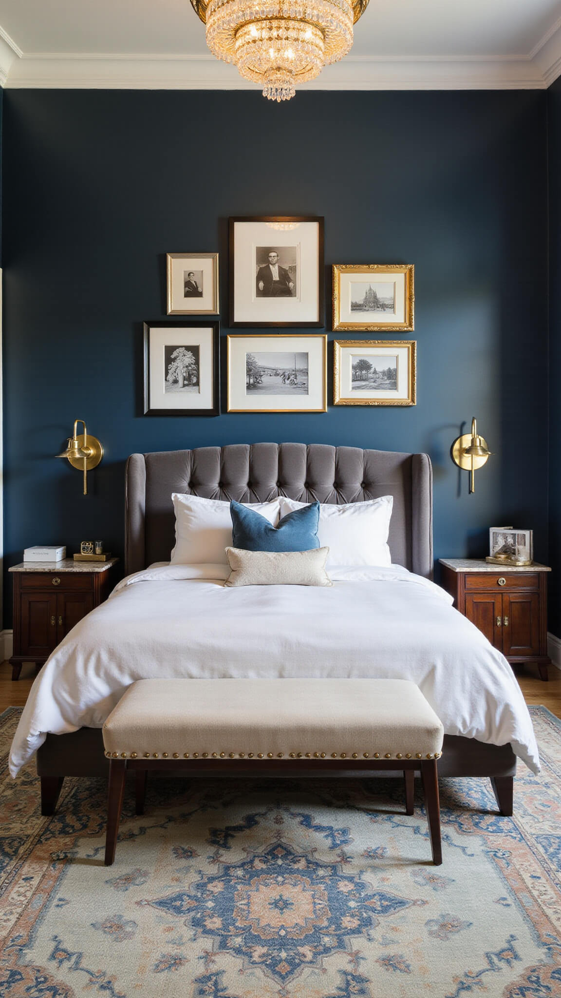 Transitional-style 12x14ft master bedroom at golden hour with navy accent wall, grey velvet headboard, brass sconces, Persian rug, gilt-framed gallery wall, crystal chandelier, and mahogany marble-topped side tables.