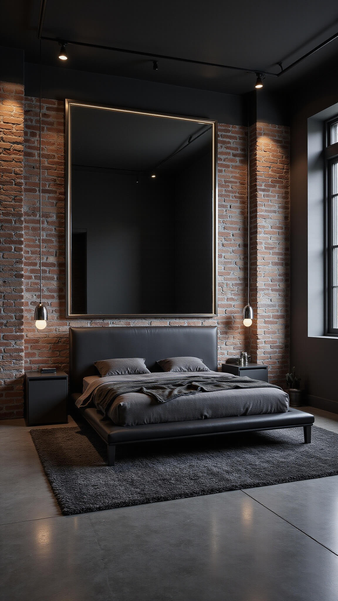 Moody industrial modern loft bedroom with charcoal brick walls, LED strip lighting, black leather king bed, and polished concrete floors at dusk.