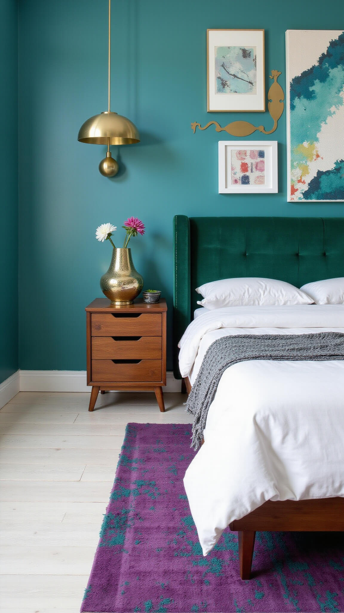 Eclectic modern bedroom with bold teal feature wall, gold geometric decals, mid-century walnut bed with emerald velvet headboard, brass pendant lights, jewel-toned abstract art, white oak floors, and purple-teal vintage rug.