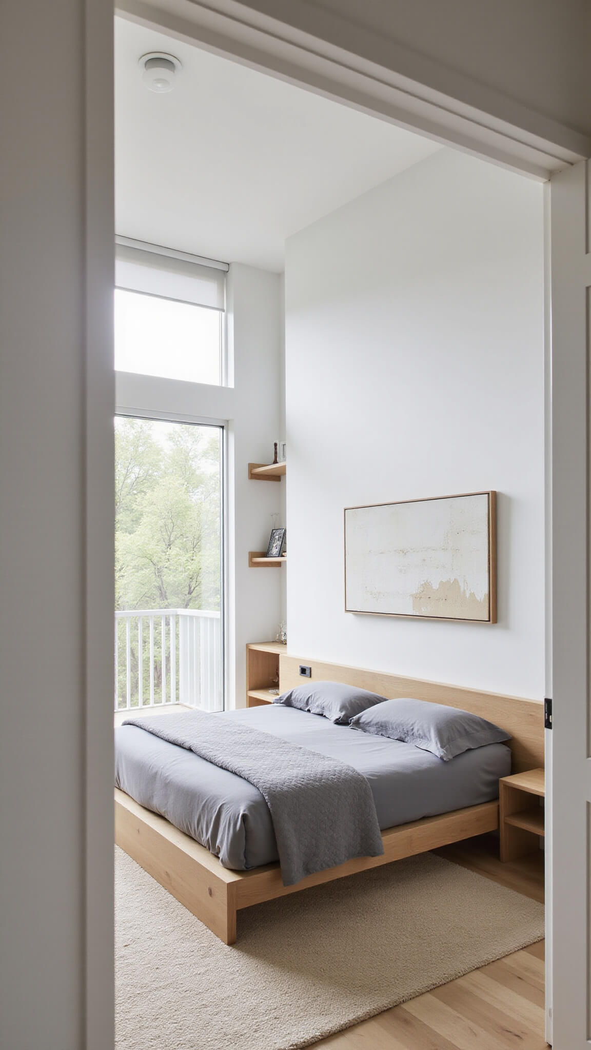 Minimalist Japanese-inspired bedroom with platform bed, grey bedding, abstract art, and floor-to-ceiling windows with white roller blinds.