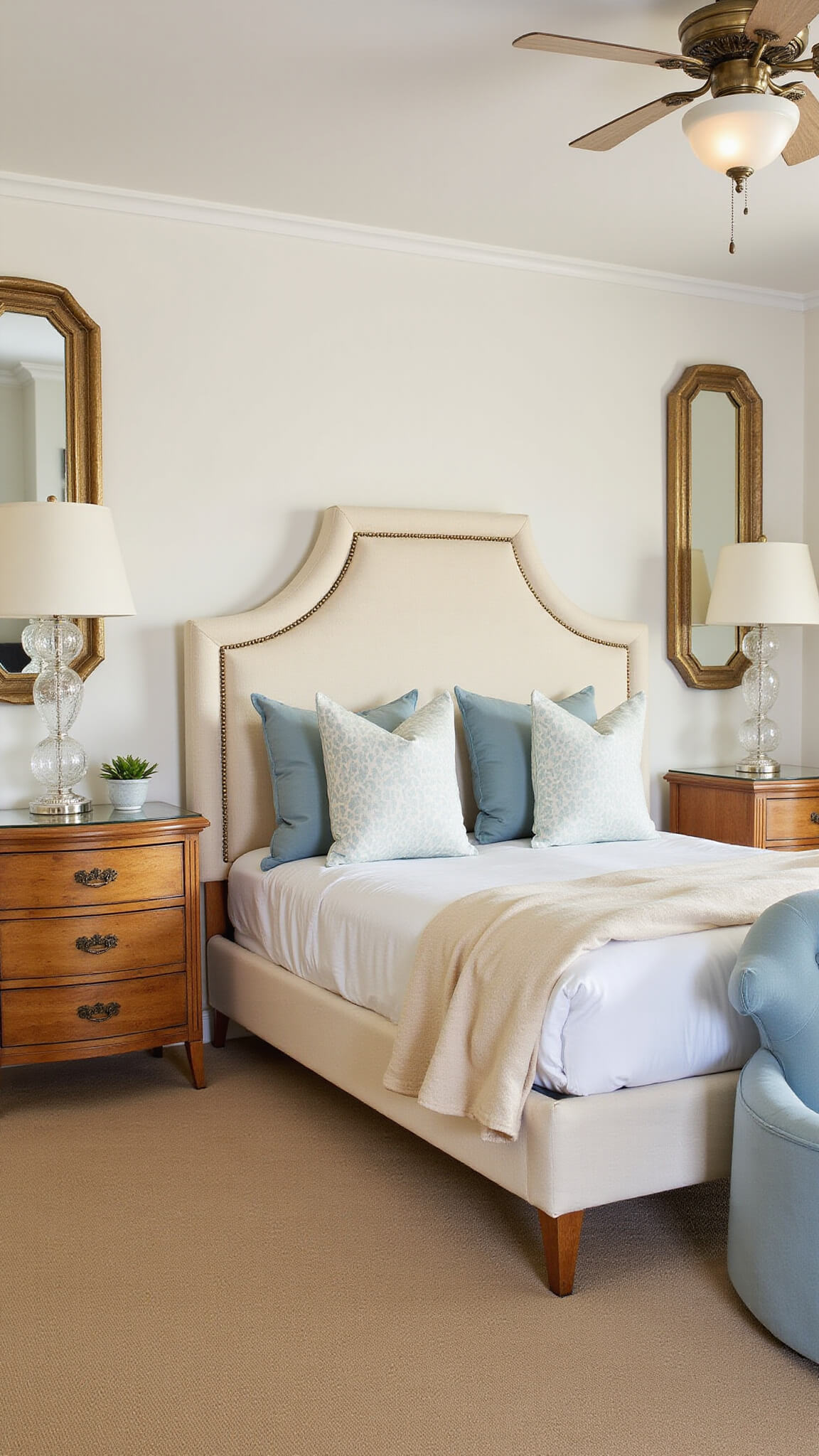 Luxurious 14x16ft modern traditional bedroom at sunset with cream bouclé headboard, maple nightstands, beige silk carpet, crystal lamps, pale blue velvet armchair, and antiqued mirror.
