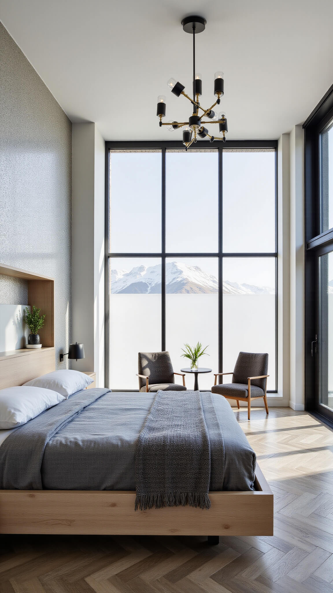 Modern 15x15ft bedroom with large black steel-framed windows, geometric morning light shadows, white oak platform bed, textured white walls, black and brass chandelier, Mongolian wool chairs, and grey oak herringbone floors.