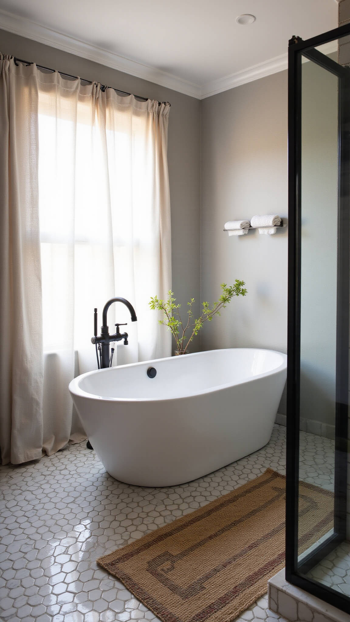 Urban bathroom with corner freestanding white tub, hexagonal marble tiles, matte black fixtures, and golden hour lighting through sheer curtains.